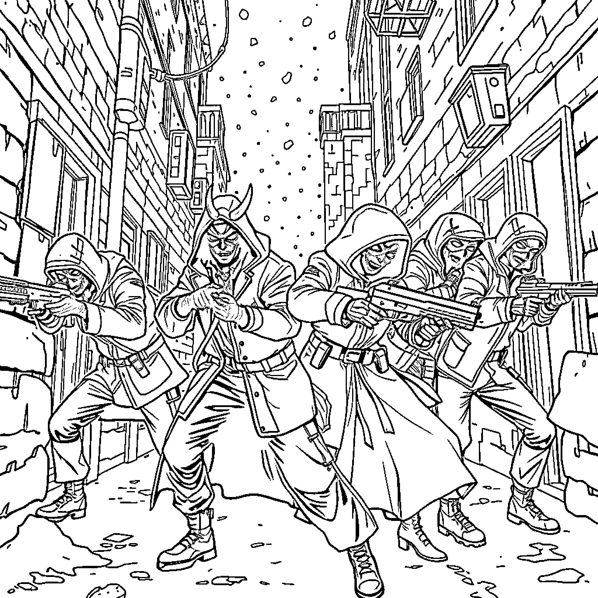 Demon Hunter Squad in Action on the Snowy Street Coloring Page (free black-and-white line drawing printable PDF for all, from beginners to advanced learners, including children, teens, adults, and seniors)