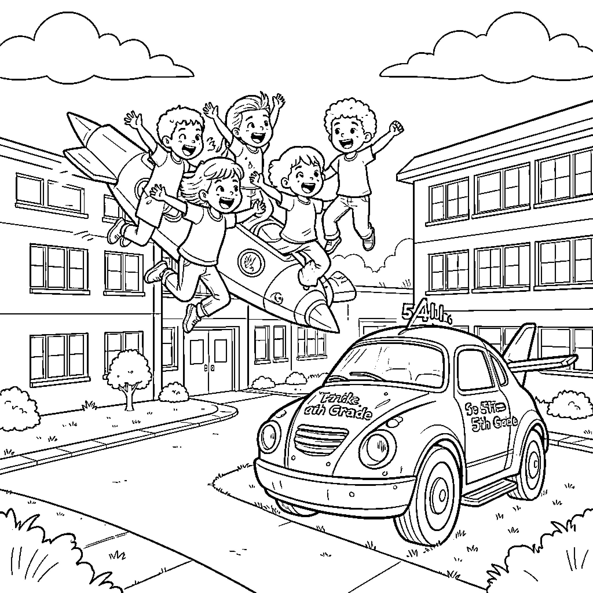 Kid's Exciting School Day Adventure Coloring Page (free black-and-white line drawing printable PDF for all, from beginners to advanced learners, including children, teens, adults, and seniors)