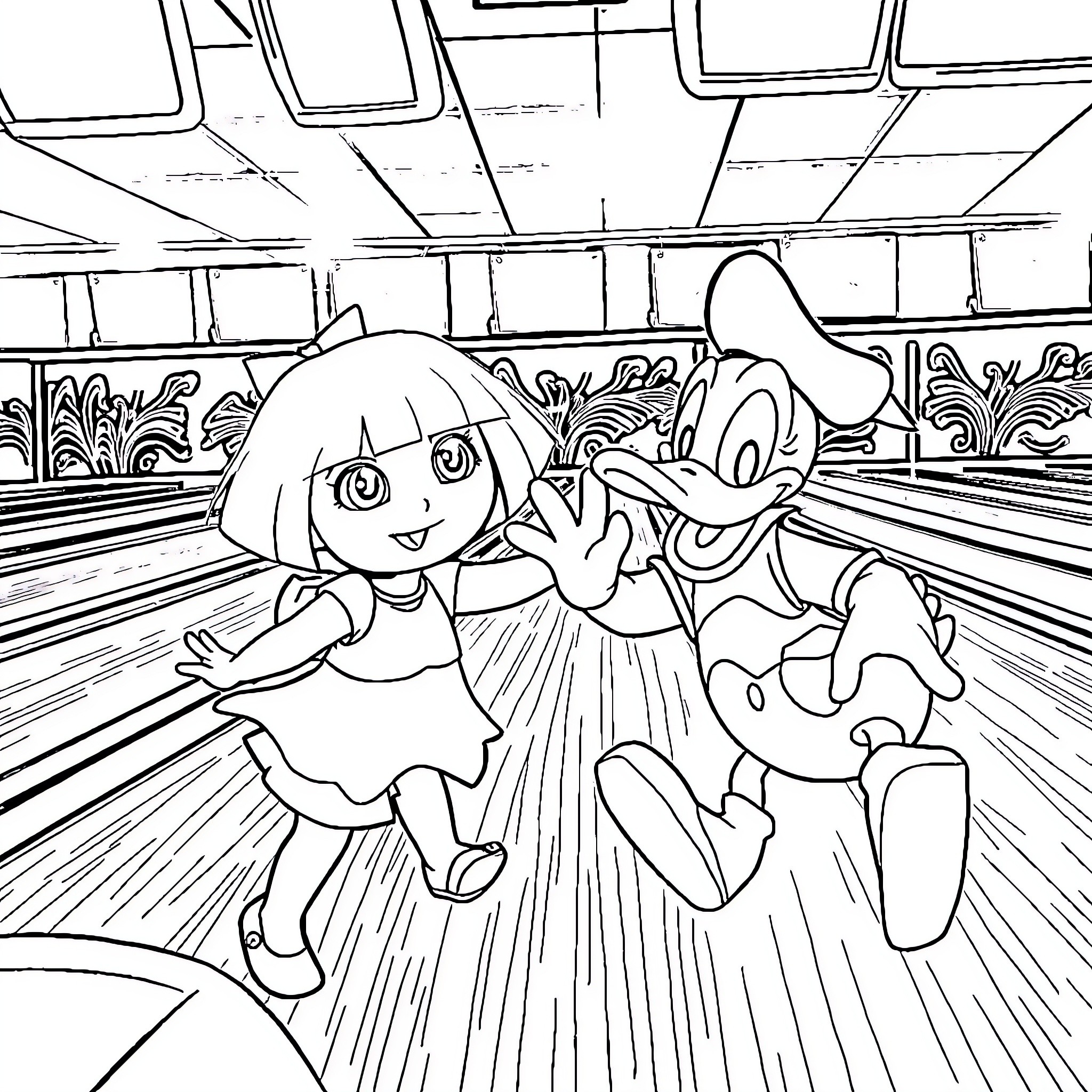 Dora and Donald having fun at the bowling alley Coloring Page (free black-and-white line drawing printable PDF for all, from beginners to advanced learners, including children, teens, adults, and seniors)