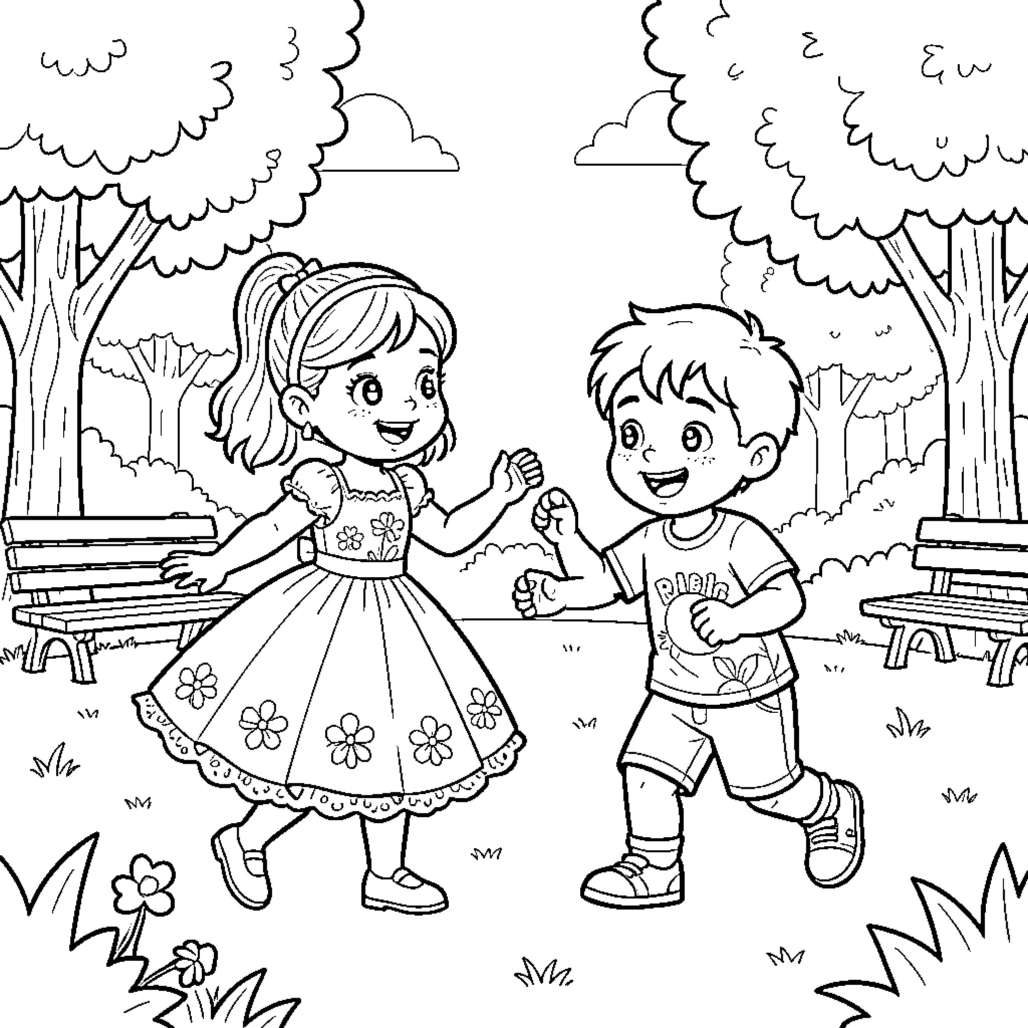 Hermanitos playing joyfully in the park Coloring Page (free black-and-white line drawing printable PDF for all, from beginners to advanced learners, including children, teens, adults, and seniors)