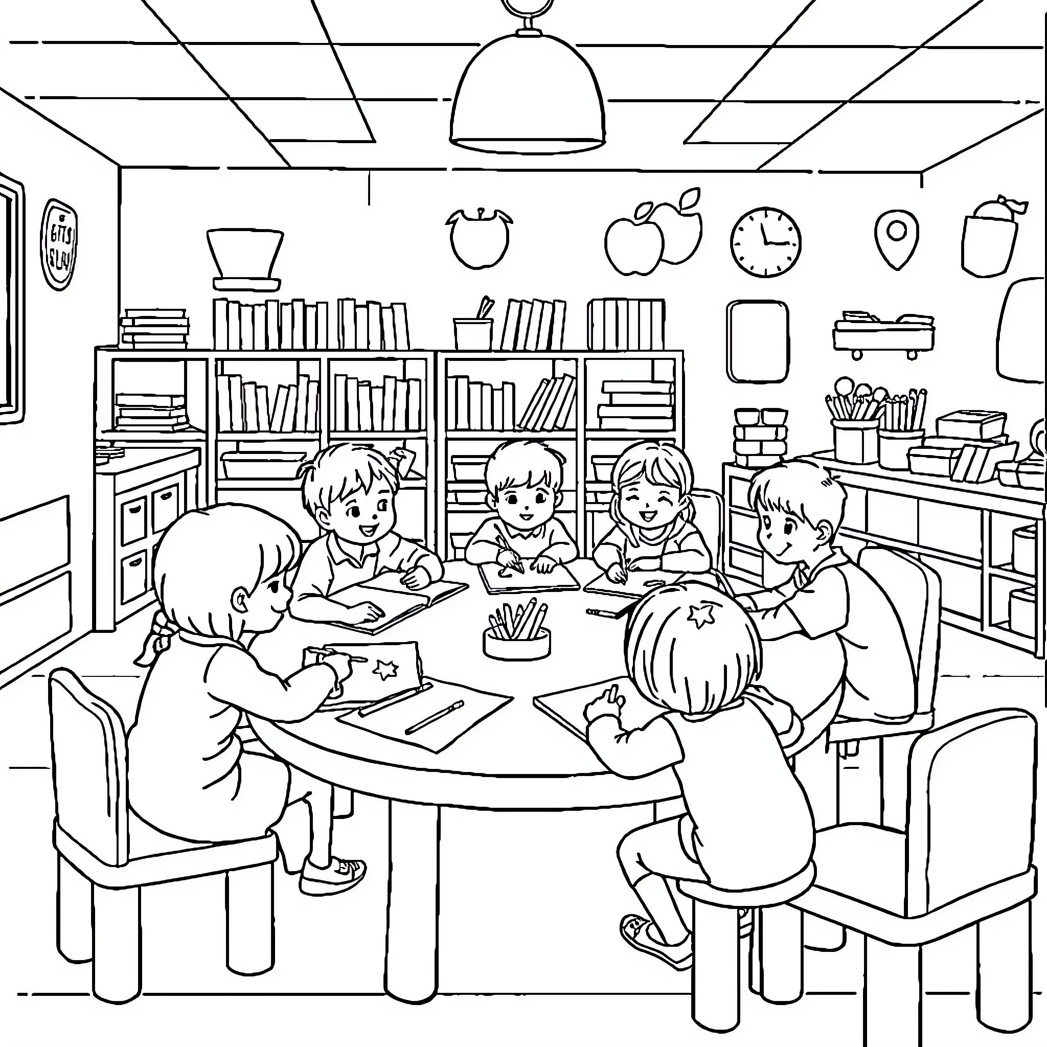 Classroom with Students Studying and Learning Coloring Page (free black-and-white line drawing printable PDF for all, from beginners to advanced learners, including children, teens, adults, and seniors)