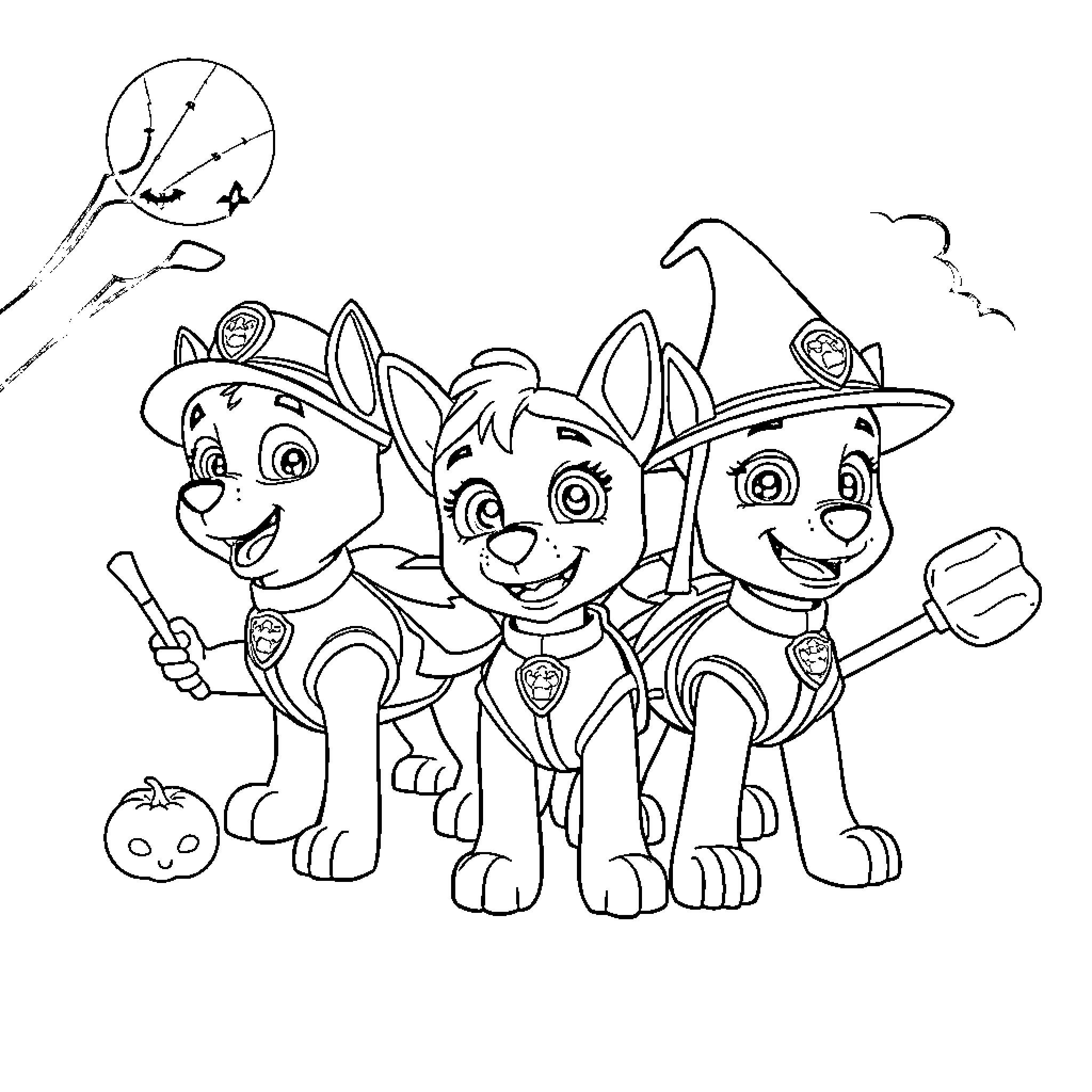 Paw Patrol Pups on an Adventure Coloring Page (free black-and-white line drawing printable PDF for all, from beginners to advanced learners, including children, teens, adults, and seniors)