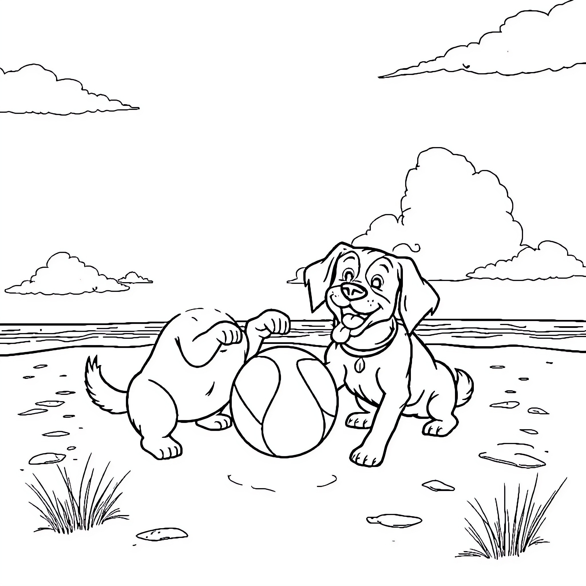 Dog playing with ball on the beach Coloring Page (free black-and-white line drawing printable PDF for all, from beginners to advanced learners, including children, teens, adults, and seniors)