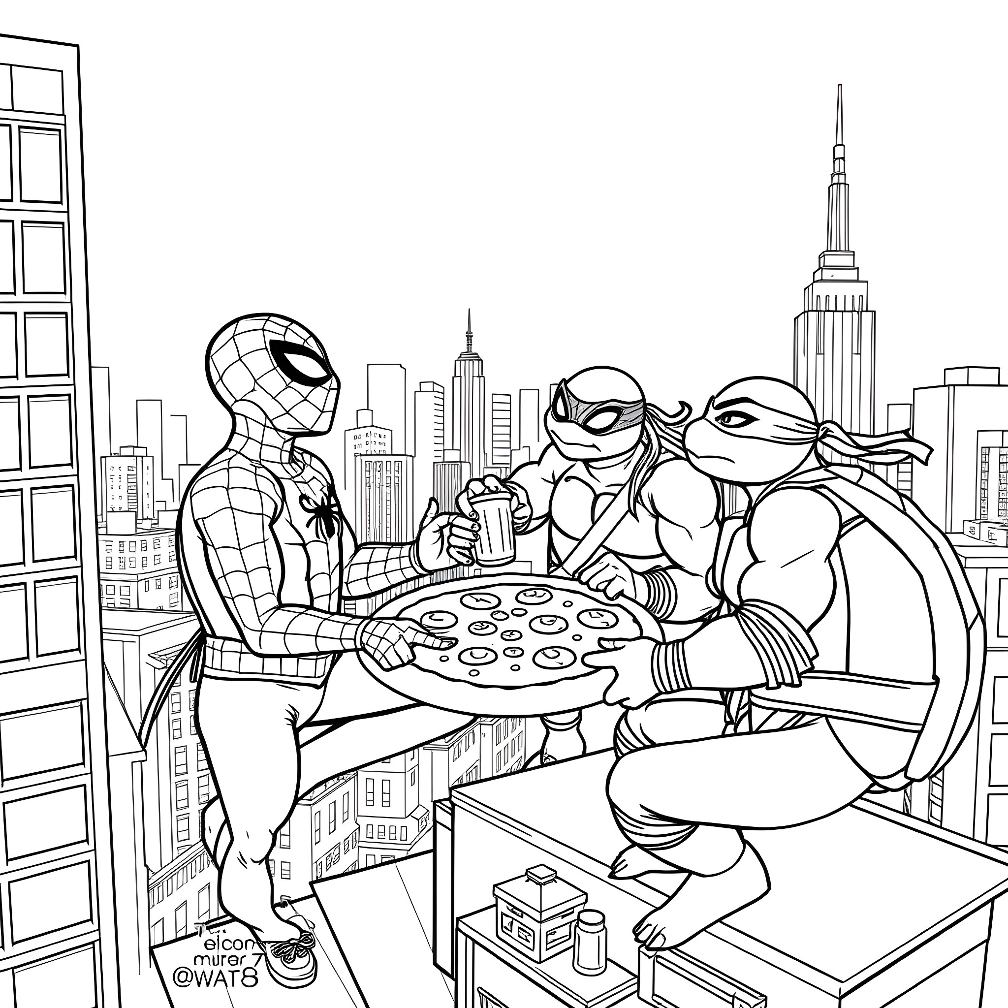 Spider-Man sharing pizza with Teenage Mutant Ninja Turtles Coloring Page (free black-and-white line drawing printable PDF for all, from beginners to advanced learners, including children, teens, adults, and seniors)