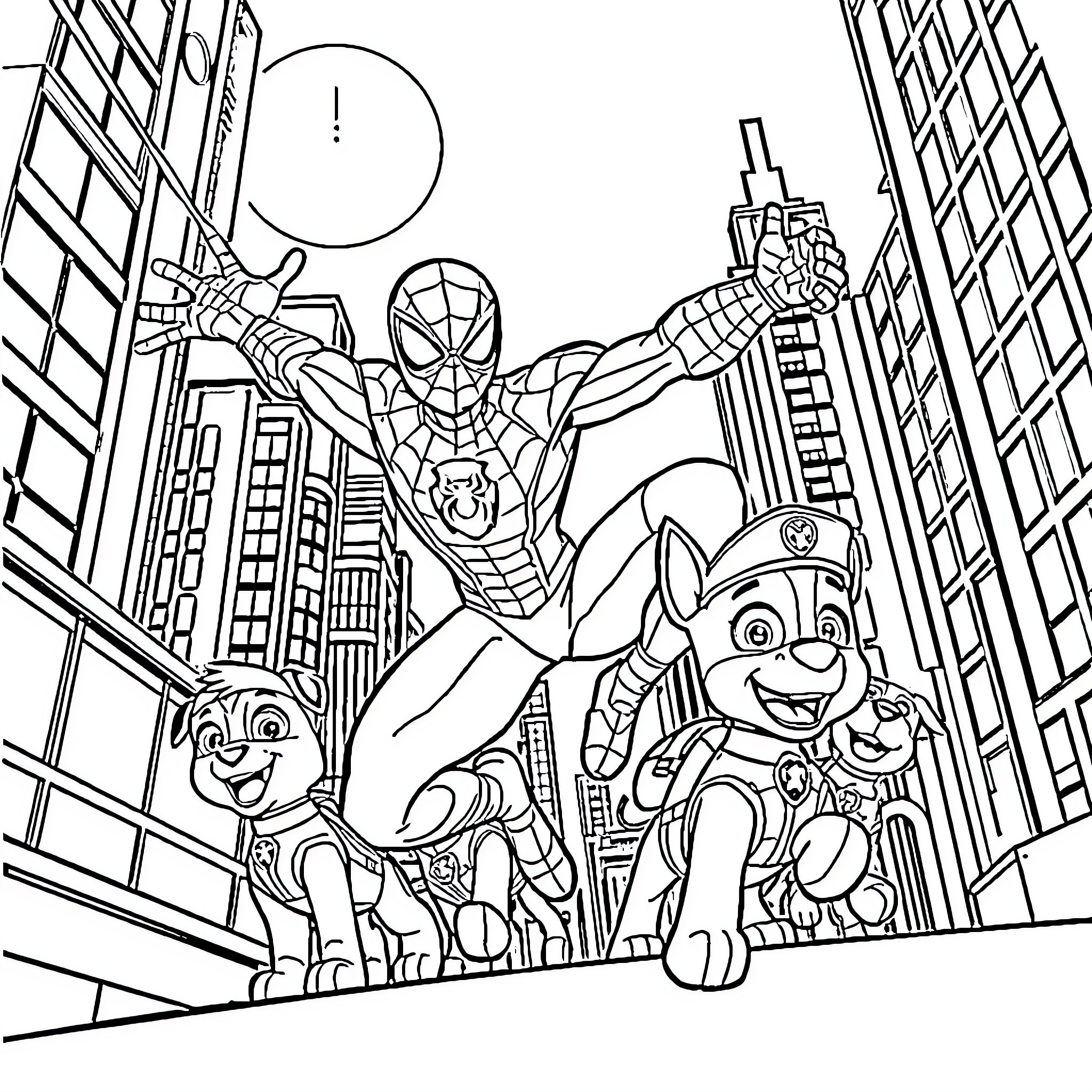 Spiderman teams up with cartoon dogs to save the city Coloring Page (free black-and-white line drawing printable PDF for all, from beginners to advanced learners, including children, teens, adults, and seniors)