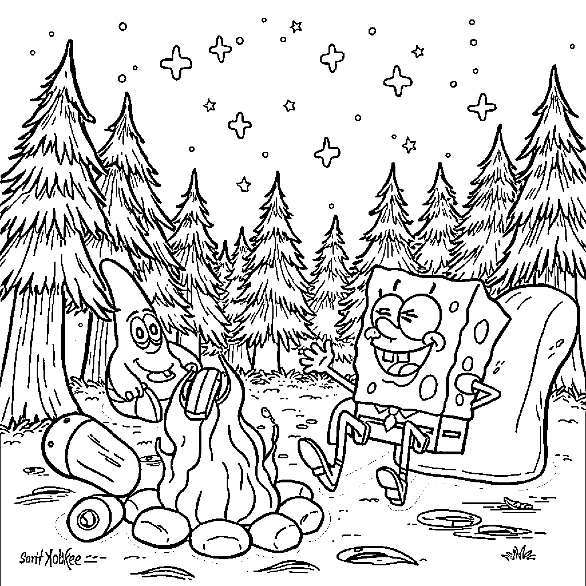Spongebob and Friends Enjoying the Snowy Forest Coloring Page (free black-and-white line drawing printable PDF for all, from beginners to advanced learners, including children, teens, adults, and seniors)