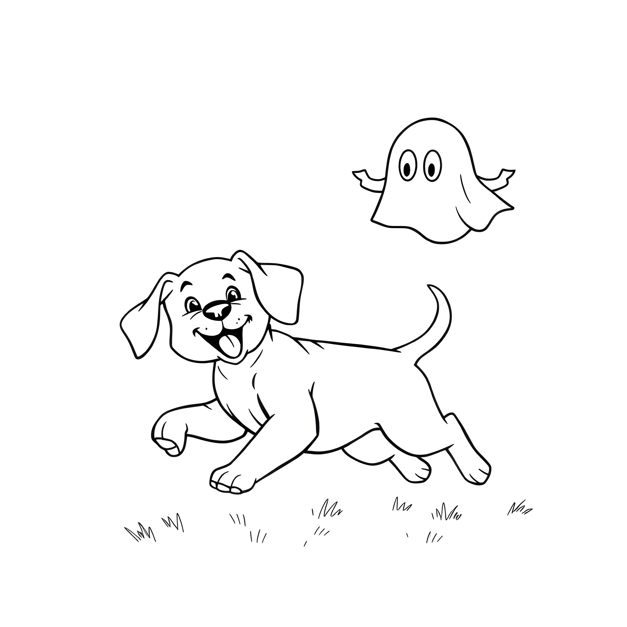 Ghost dog and ghost happily playing together Coloring Page (free black-and-white line drawing printable PDF for all, from beginners to advanced learners, including children, teens, adults, and seniors)