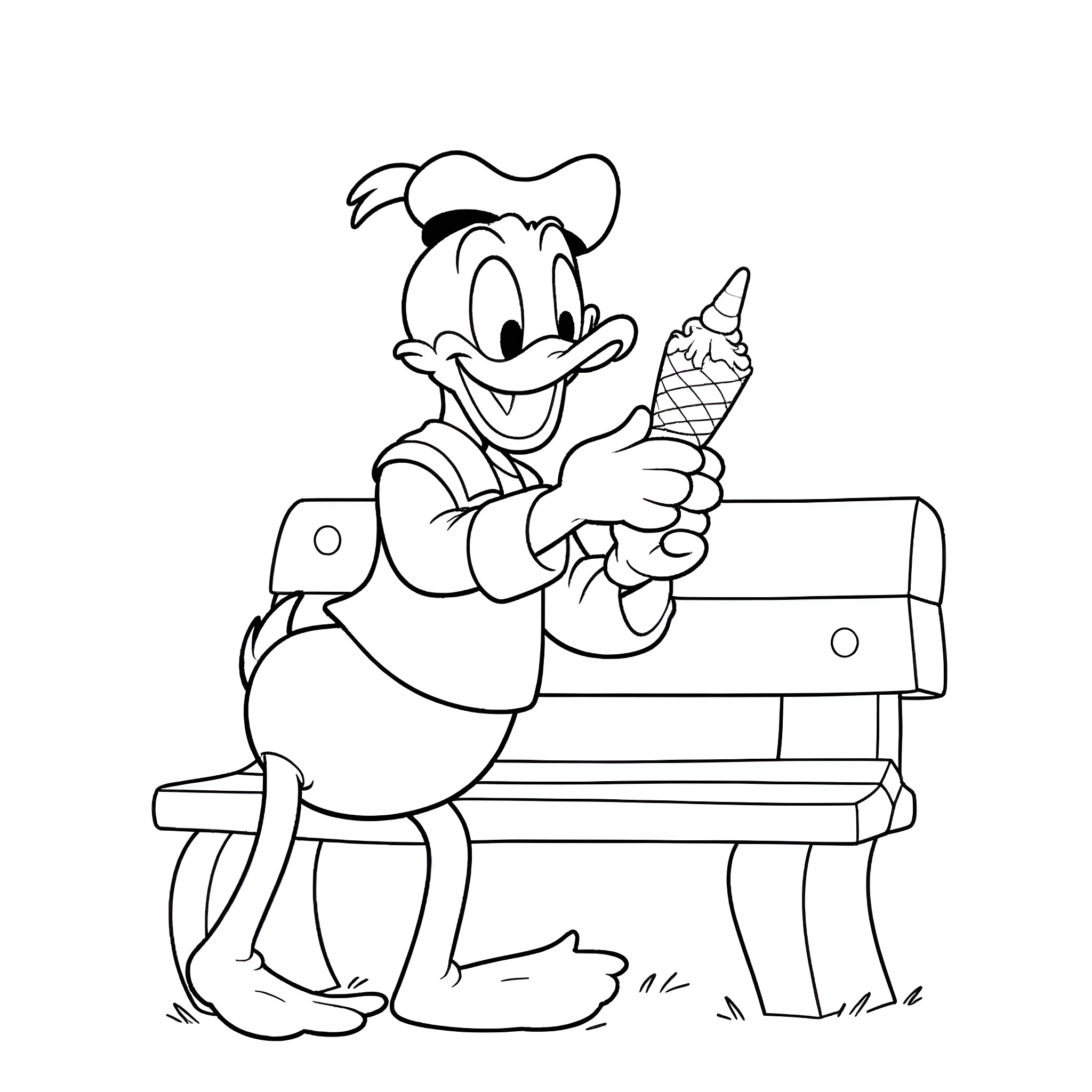 Donald Duck enjoying an ice cream cone on a bench Coloring Page (free black-and-white line drawing printable PDF for all, from beginners to advanced learners, including children, teens, adults, and seniors)