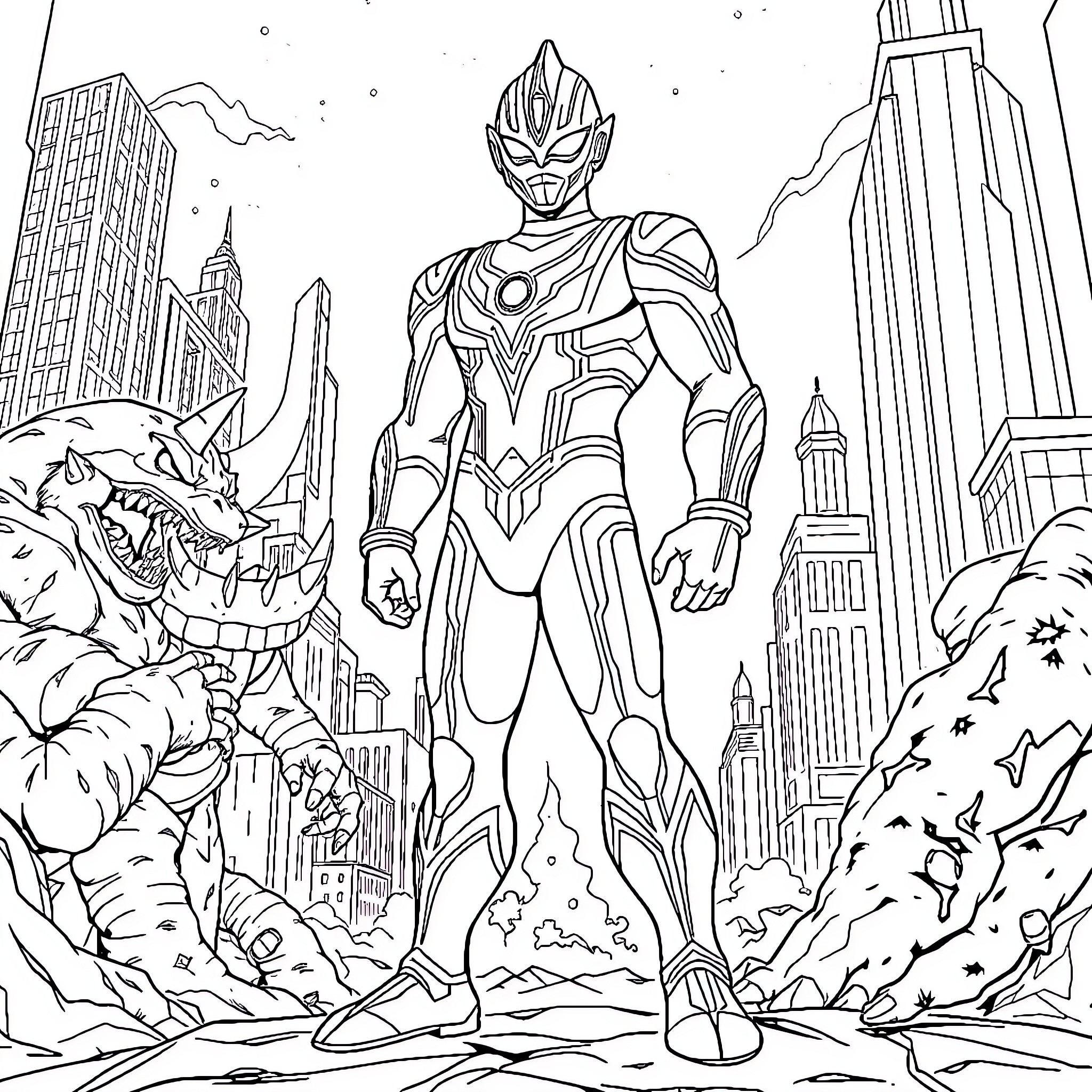 Ultraman battling a giant monster in the city Coloring Page (free black-and-white line drawing printable PDF for all, from beginners to advanced learners, including children, teens, adults, and seniors)