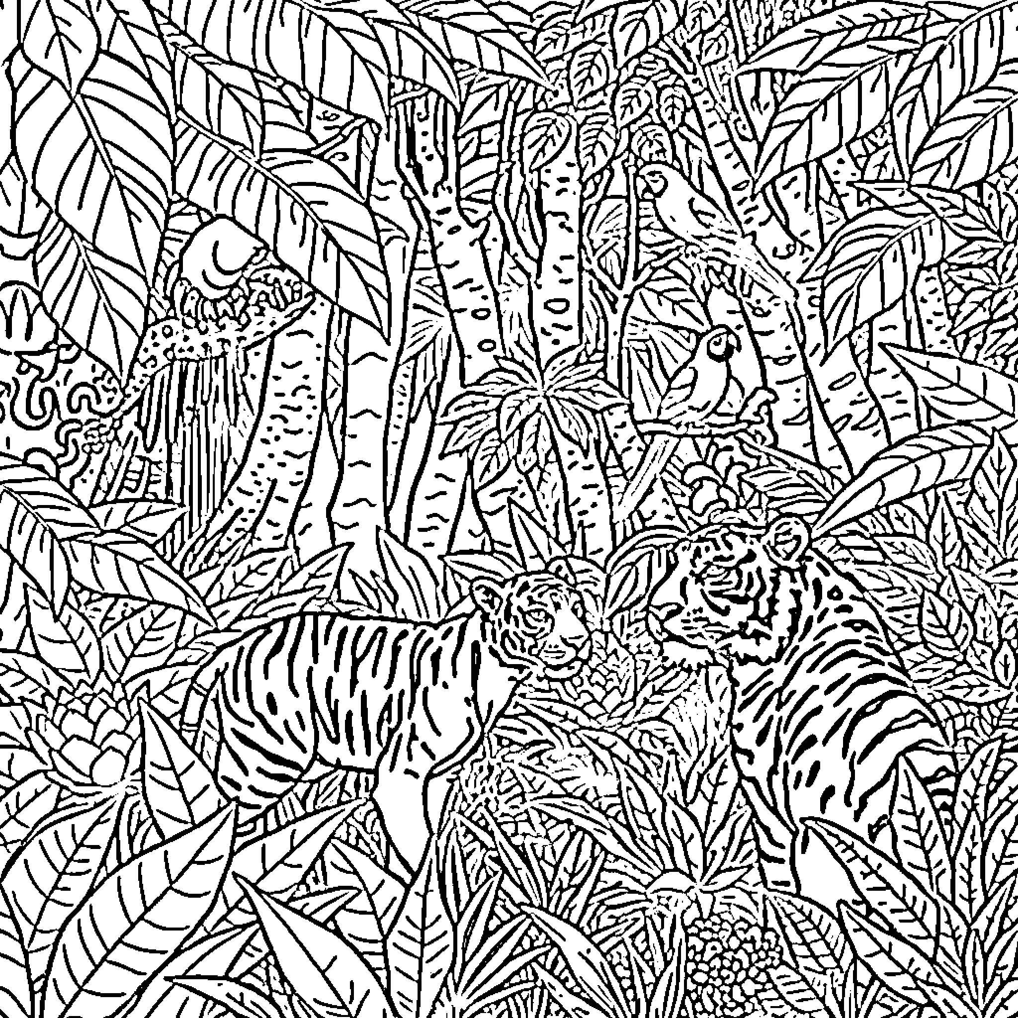 Jungle Animal in Lush Tropical Landscape Coloring Page (free black-and-white line drawing printable PDF for all, from beginners to advanced learners, including children, teens, adults, and seniors)