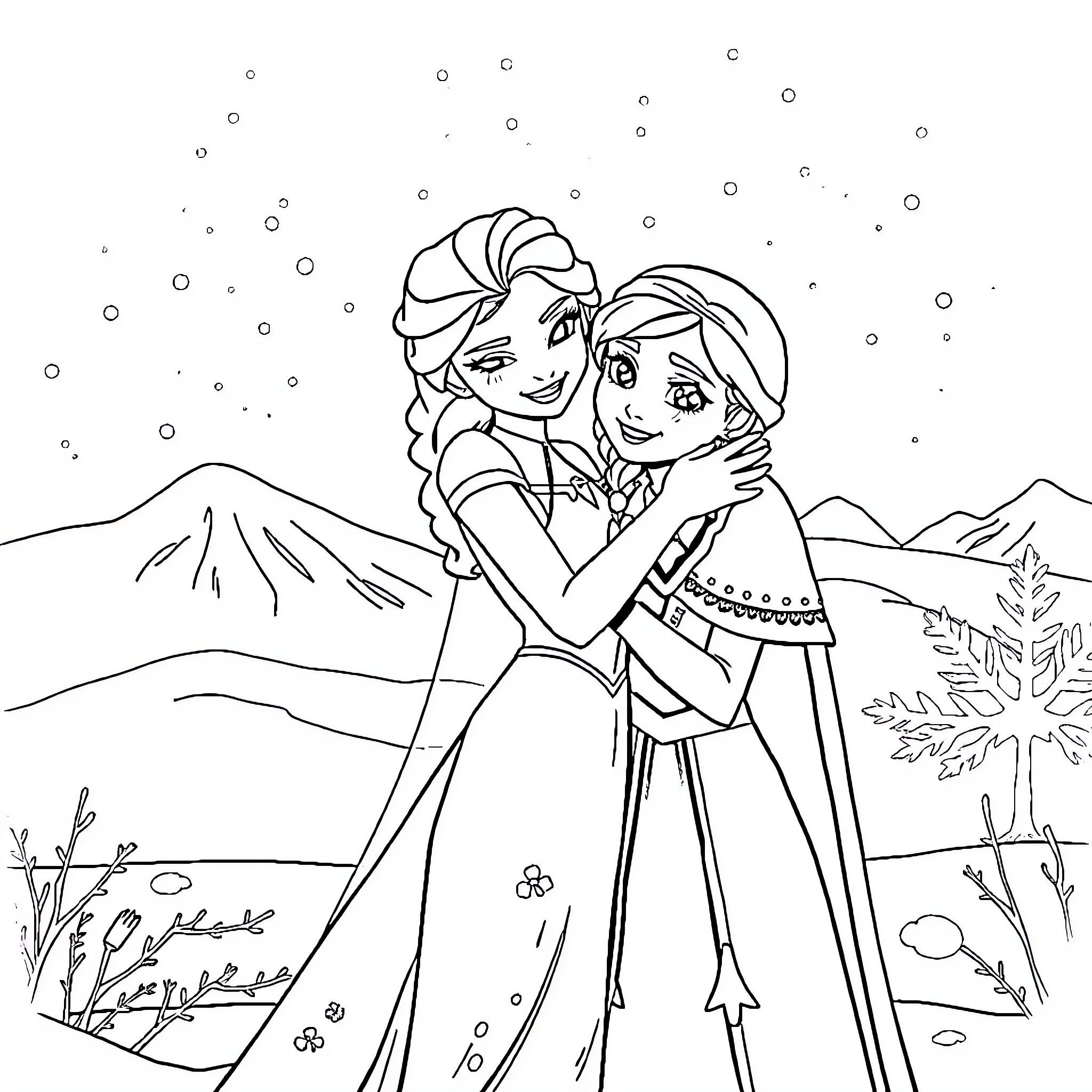 Elsa and Anna's Winter Adventure Coloring Page (free black-and-white line drawing printable PDF for all, from beginners to advanced learners, including children, teens, adults, and seniors)