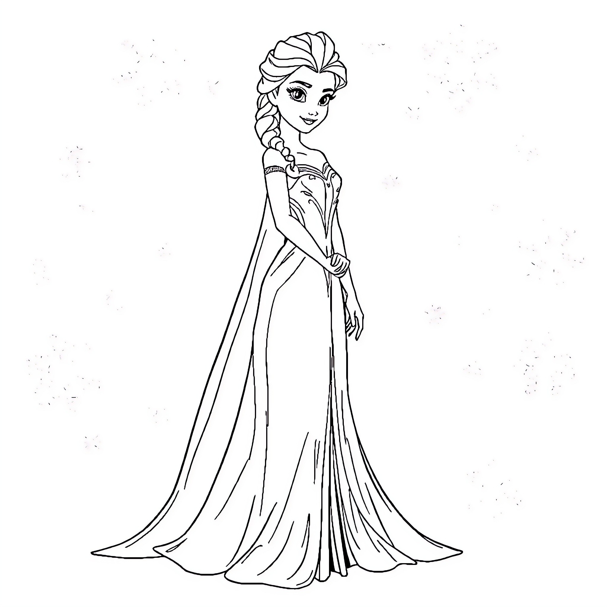 Elsa in her elegant winter gown Coloring Page (free black-and-white line drawing printable PDF for all, from beginners to advanced learners, including children, teens, adults, and seniors)
