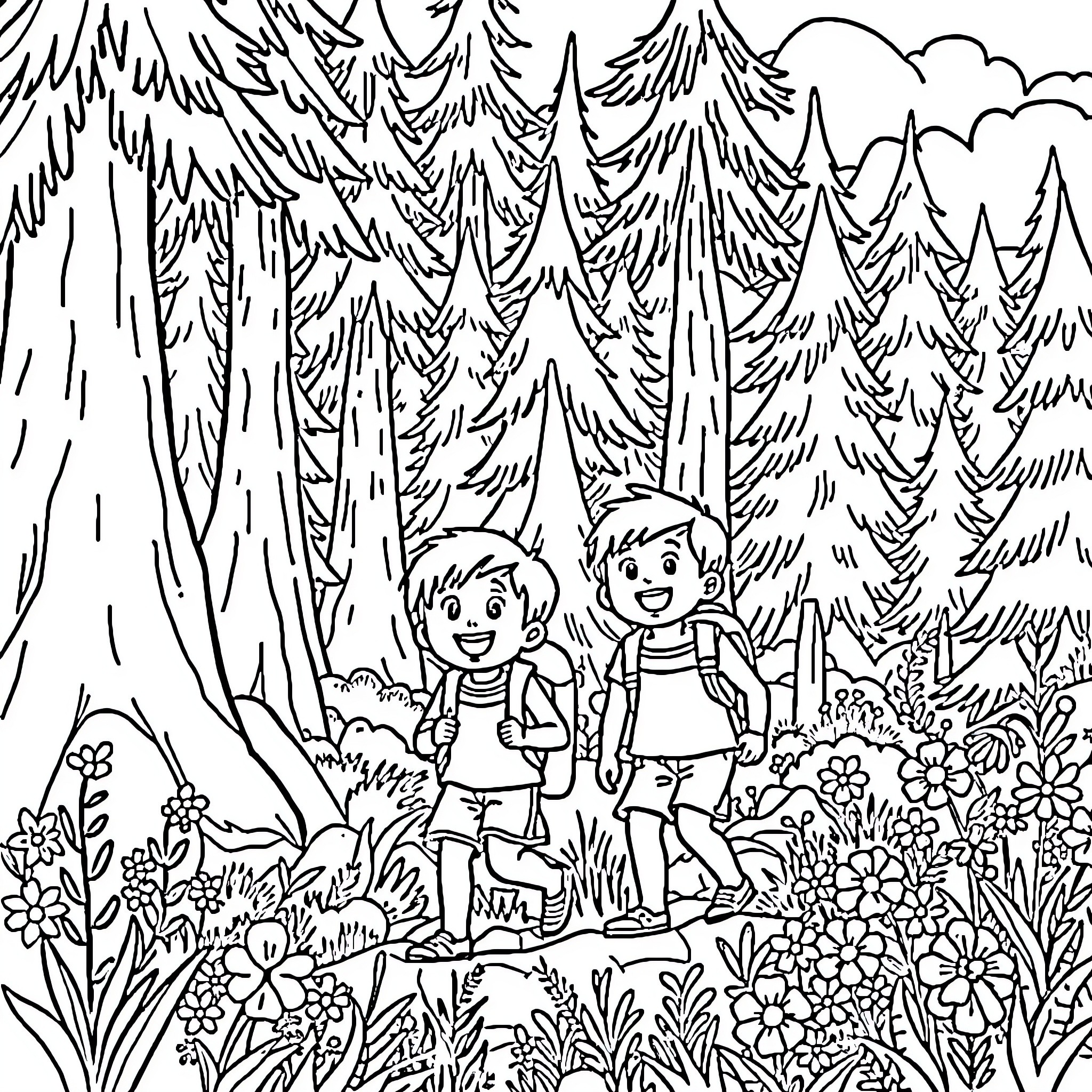 Child Exploring the Enchanted Forest Coloring Page (free black-and-white line drawing printable PDF for all, from beginners to advanced learners, including children, teens, adults, and seniors)