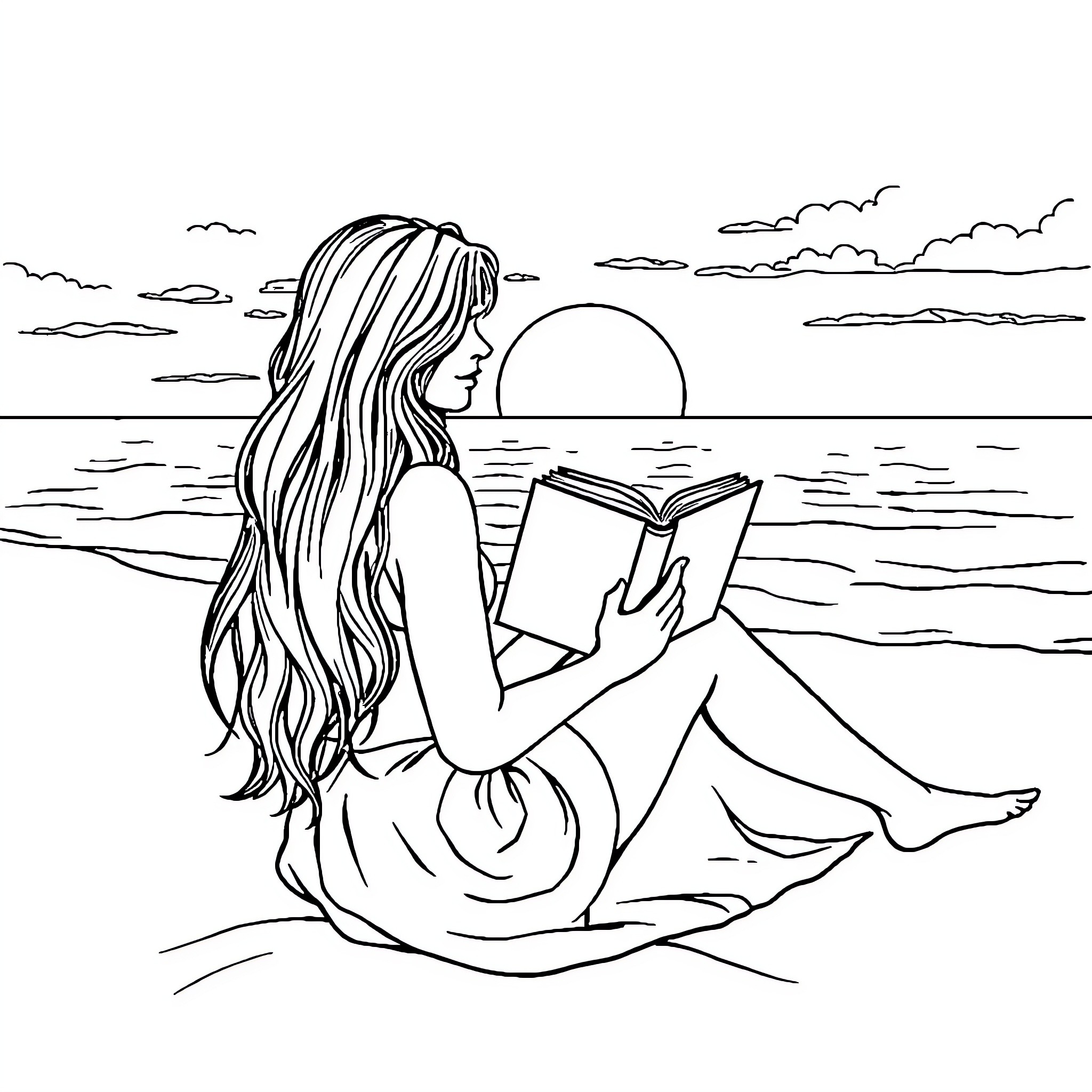Woman reading a book by the ocean at sunset Coloring Page (free black-and-white line drawing printable PDF for all, from beginners to advanced learners, including children, teens, adults, and seniors)