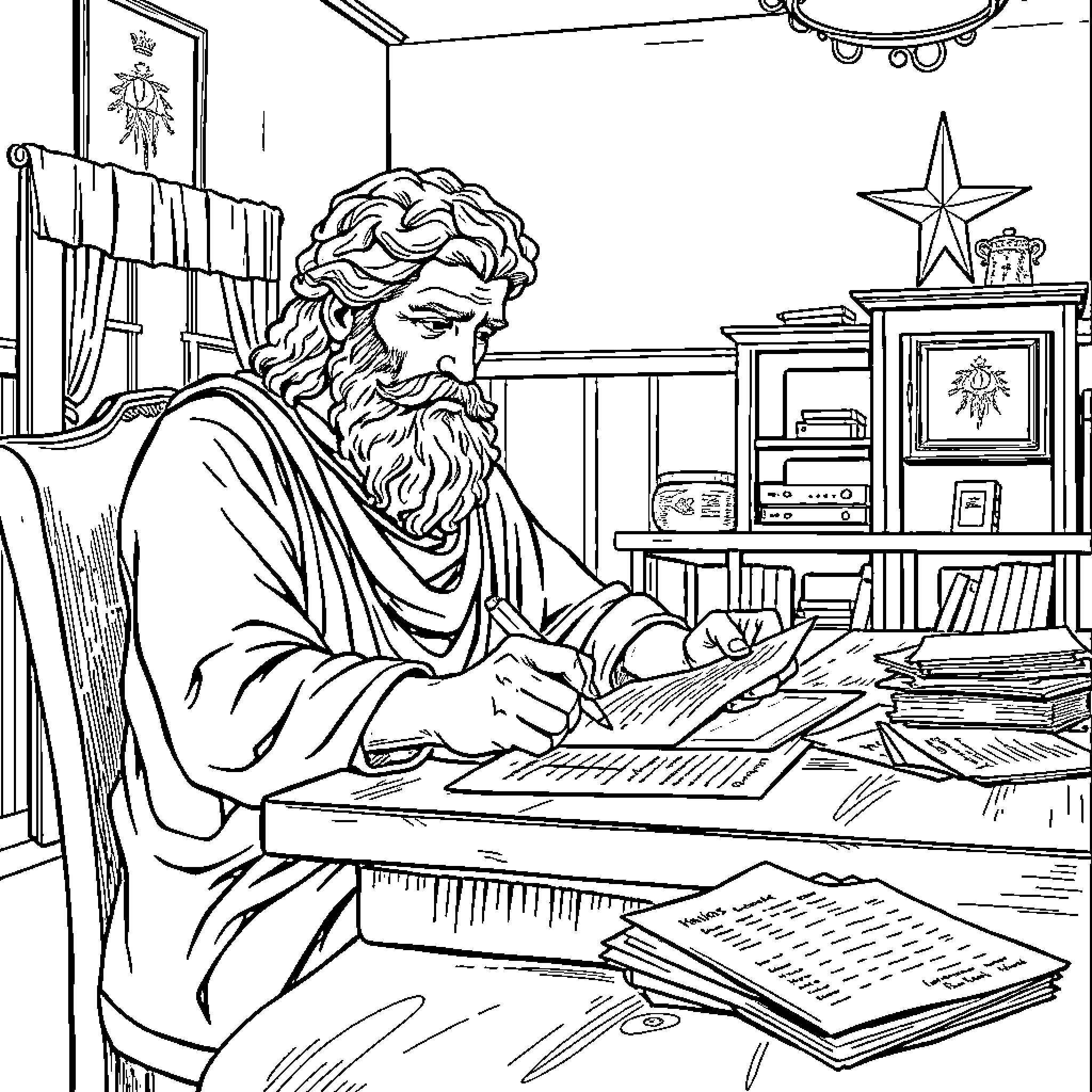 Aeschylus Diligently Writing in His Study Coloring Page (free black-and-white line drawing printable PDF for all, from beginners to advanced learners, including children, teens, adults, and seniors)