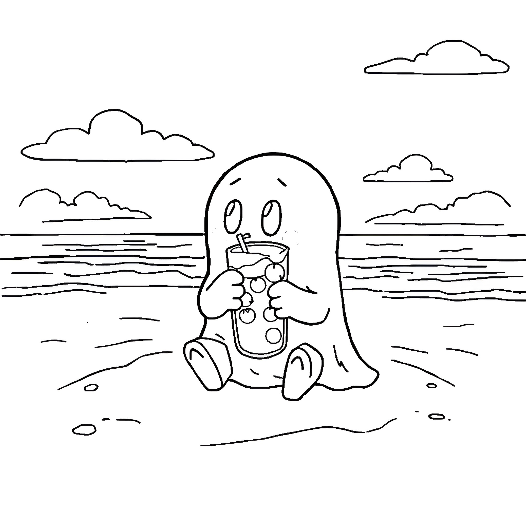 Ghost playing with bubbles on the beach Coloring Page (free black-and-white line drawing printable PDF for all, from beginners to advanced learners, including children, teens, adults, and seniors)