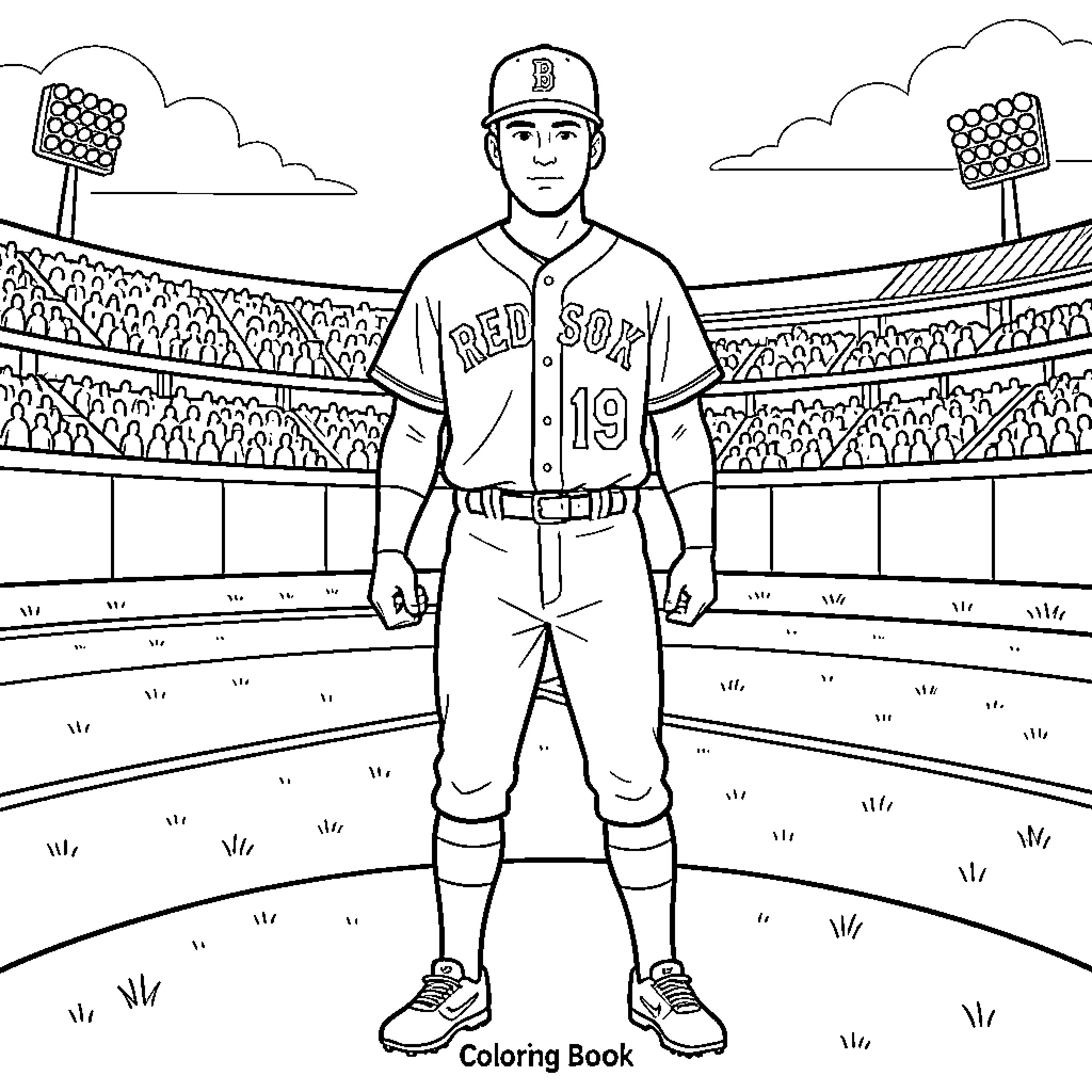Red Sox Player in Baseball Stadium Coloring Page (free black-and-white line drawing printable PDF for all, from beginners to advanced learners, including children, teens, adults, and seniors)
