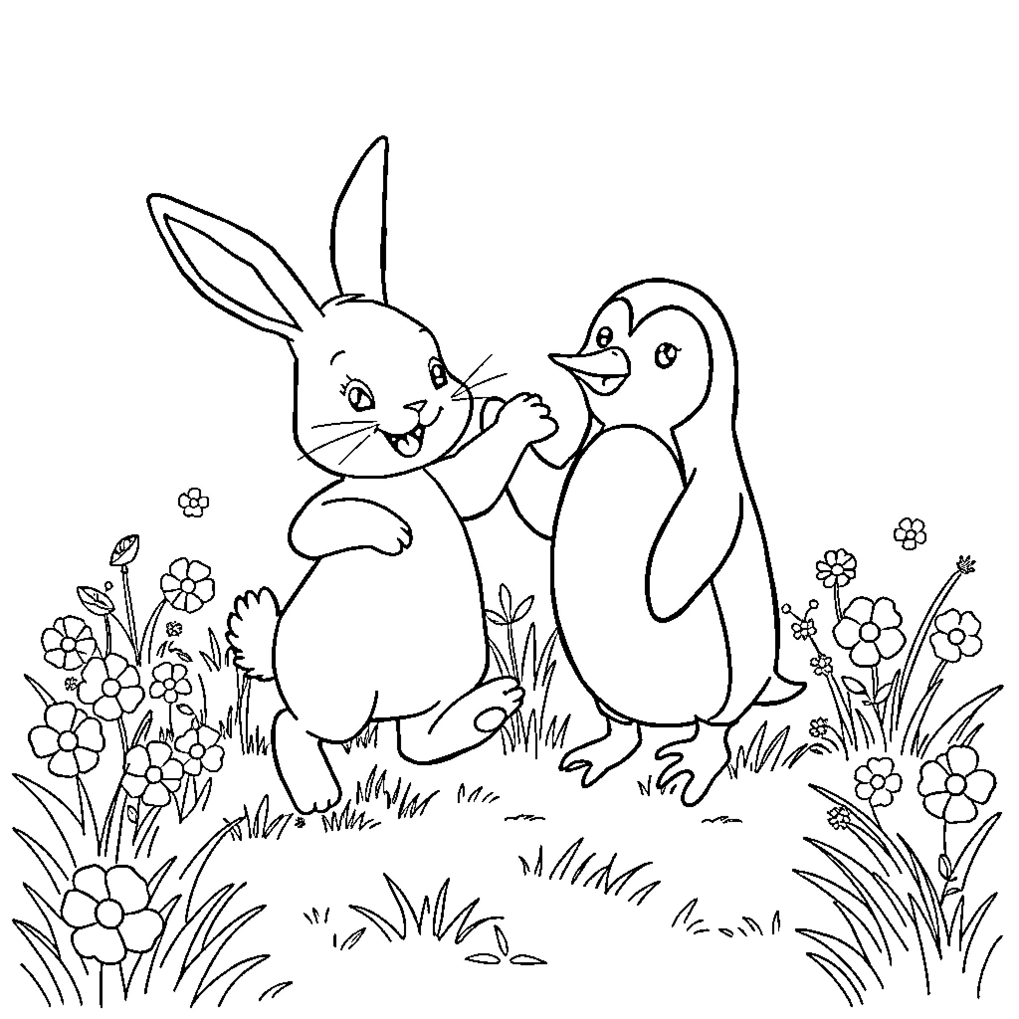 Rabbit and Penguin Enjoying Nature Together Coloring Page (free black-and-white line drawing printable PDF for all, from beginners to advanced learners, including children, teens, adults, and seniors)