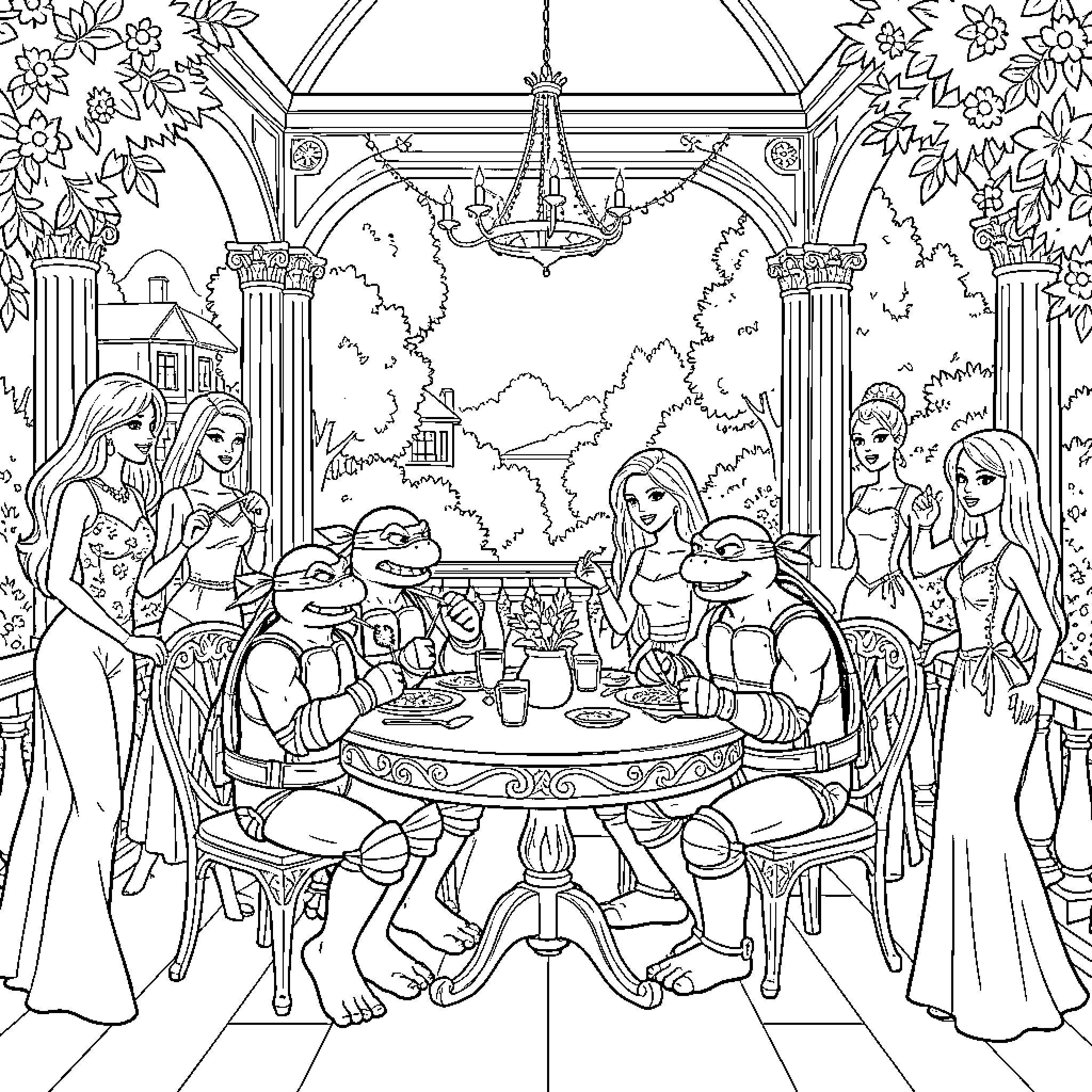 Ninja Turtle Gathering with Princesses in a Magical Palace Coloring Page (free black-and-white line drawing printable PDF for all, from beginners to advanced learners, including children, teens, adults, and seniors)