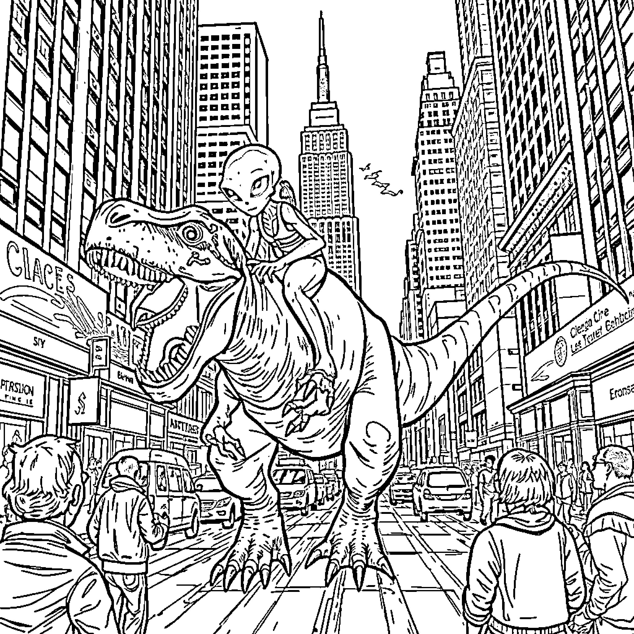 Alien Rides Mighty Dinosaur Through Busy City Streets Coloring Page (free black-and-white line drawing printable PDF for all, from beginners to advanced learners, including children, teens, adults, and seniors)