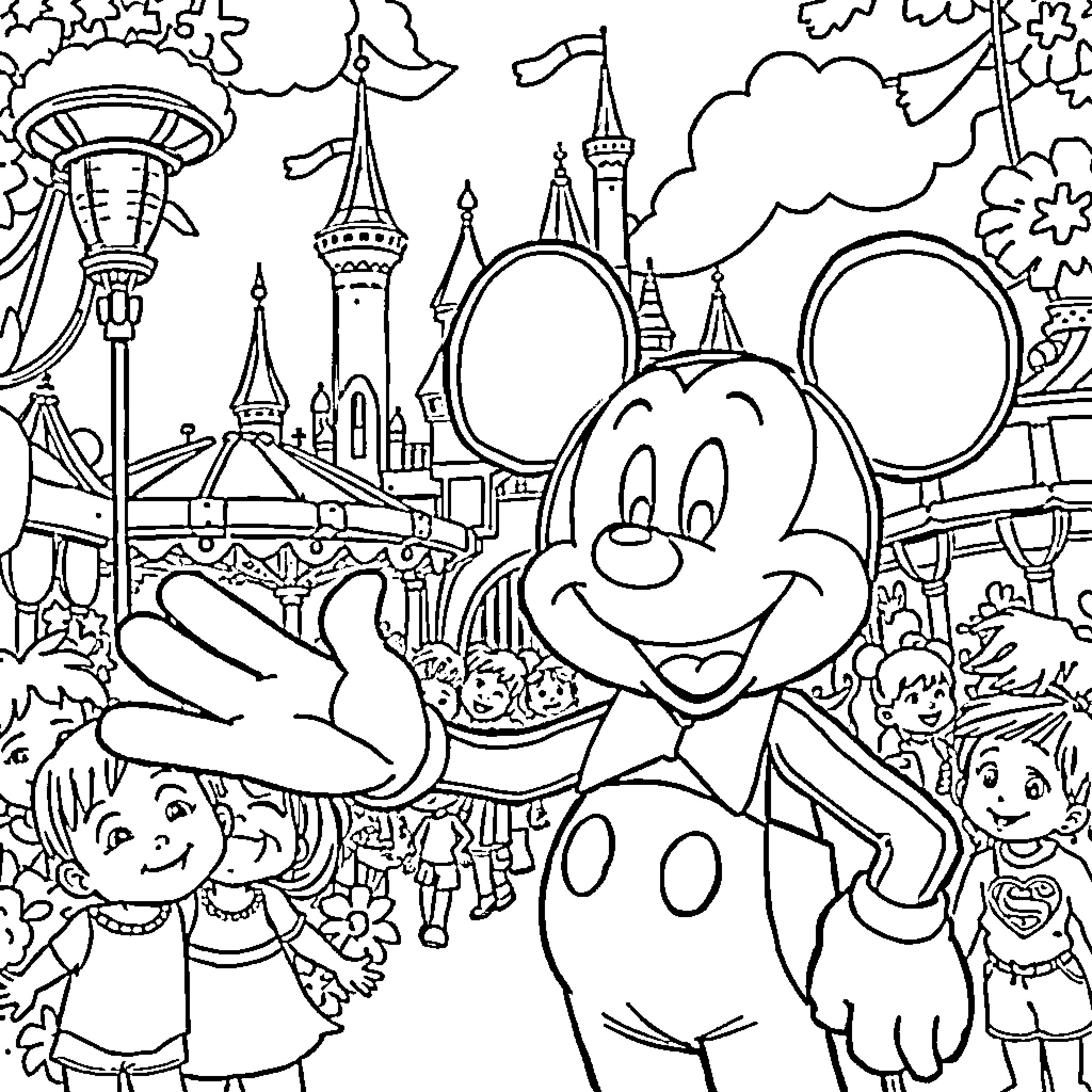 Mickey Mouse waving happily at the Disney theme park Coloring Page (free black-and-white line drawing printable PDF for all, from beginners to advanced learners, including children, teens, adults, and seniors)