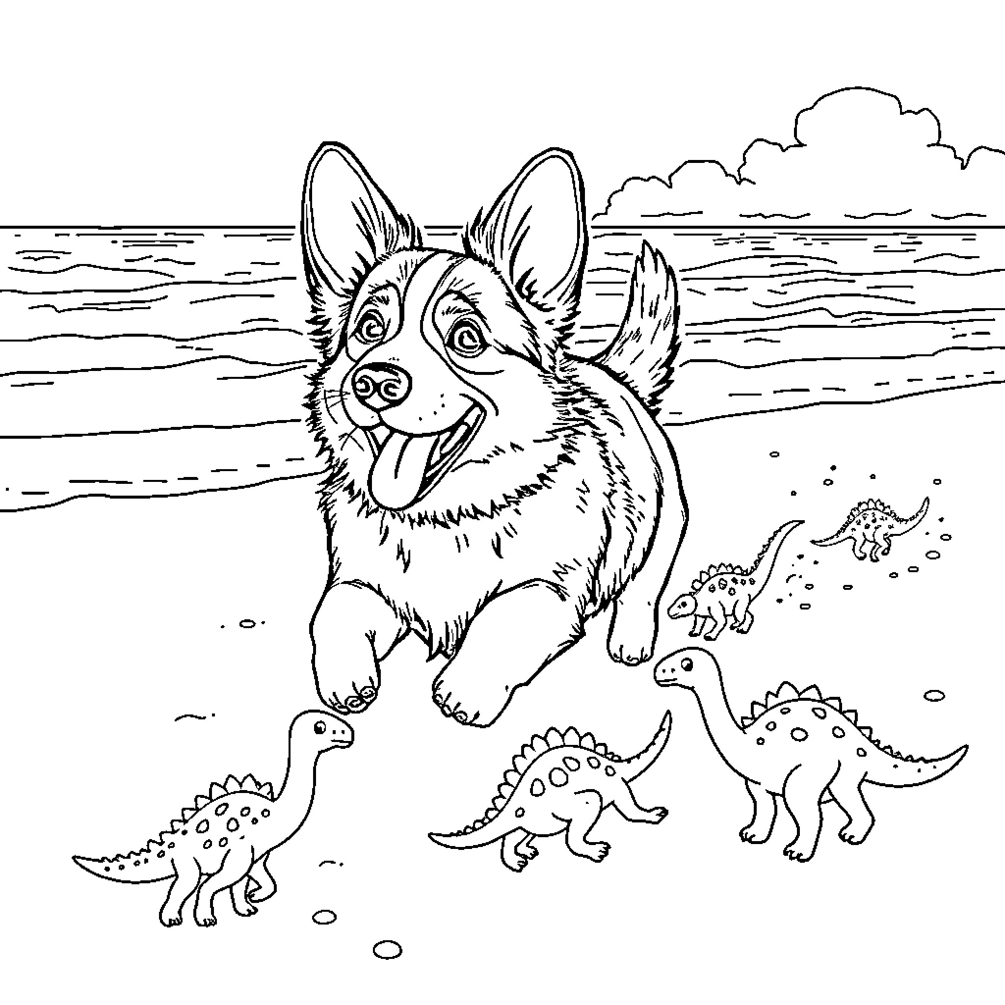 Corgi playing with dinosaur toys at the beach Coloring Page (free black-and-white line drawing printable PDF for all, from beginners to advanced learners, including children, teens, adults, and seniors)