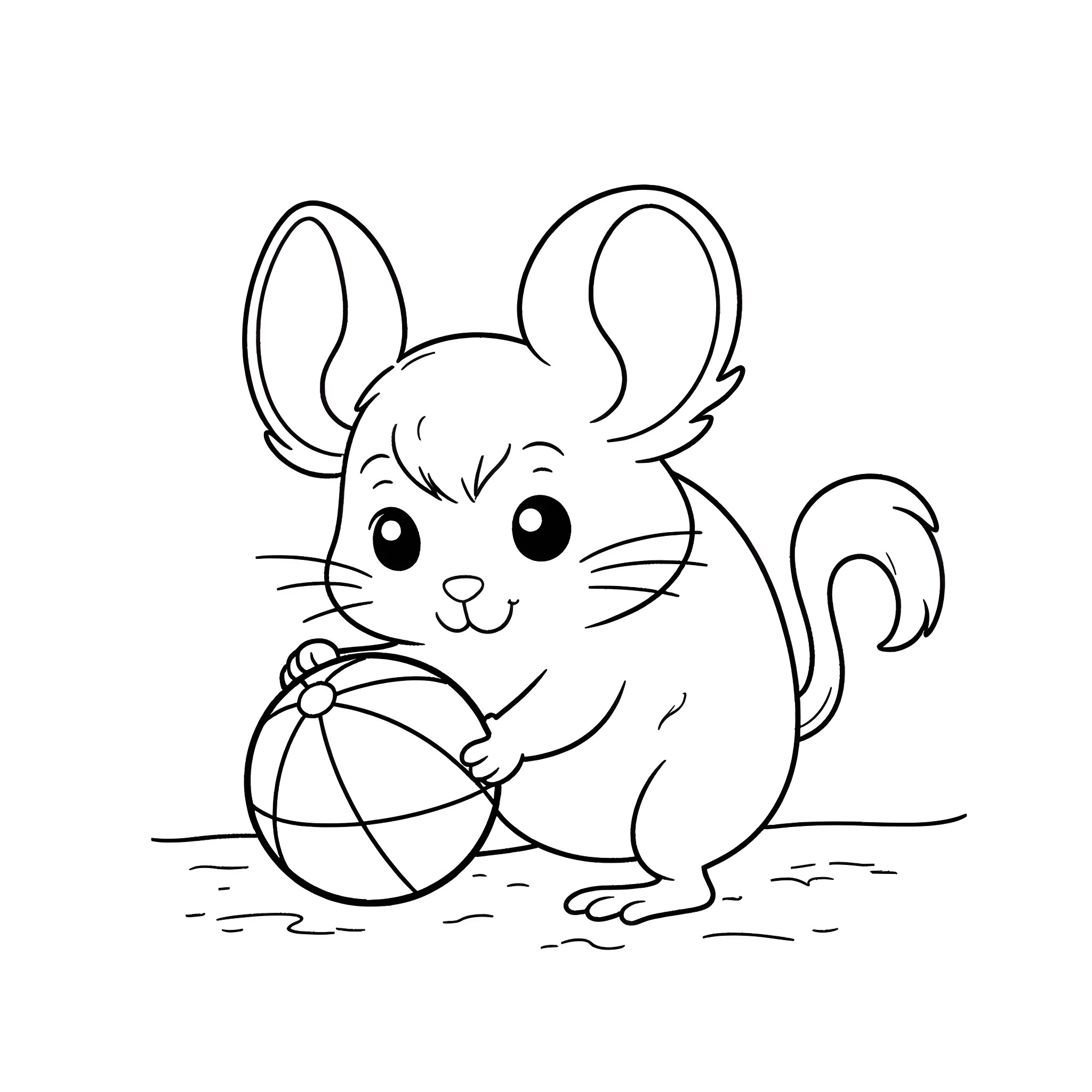 Chinchilla playing with a ball Coloring Page (free black-and-white line drawing printable PDF for all, from beginners to advanced learners, including children, teens, adults, and seniors)