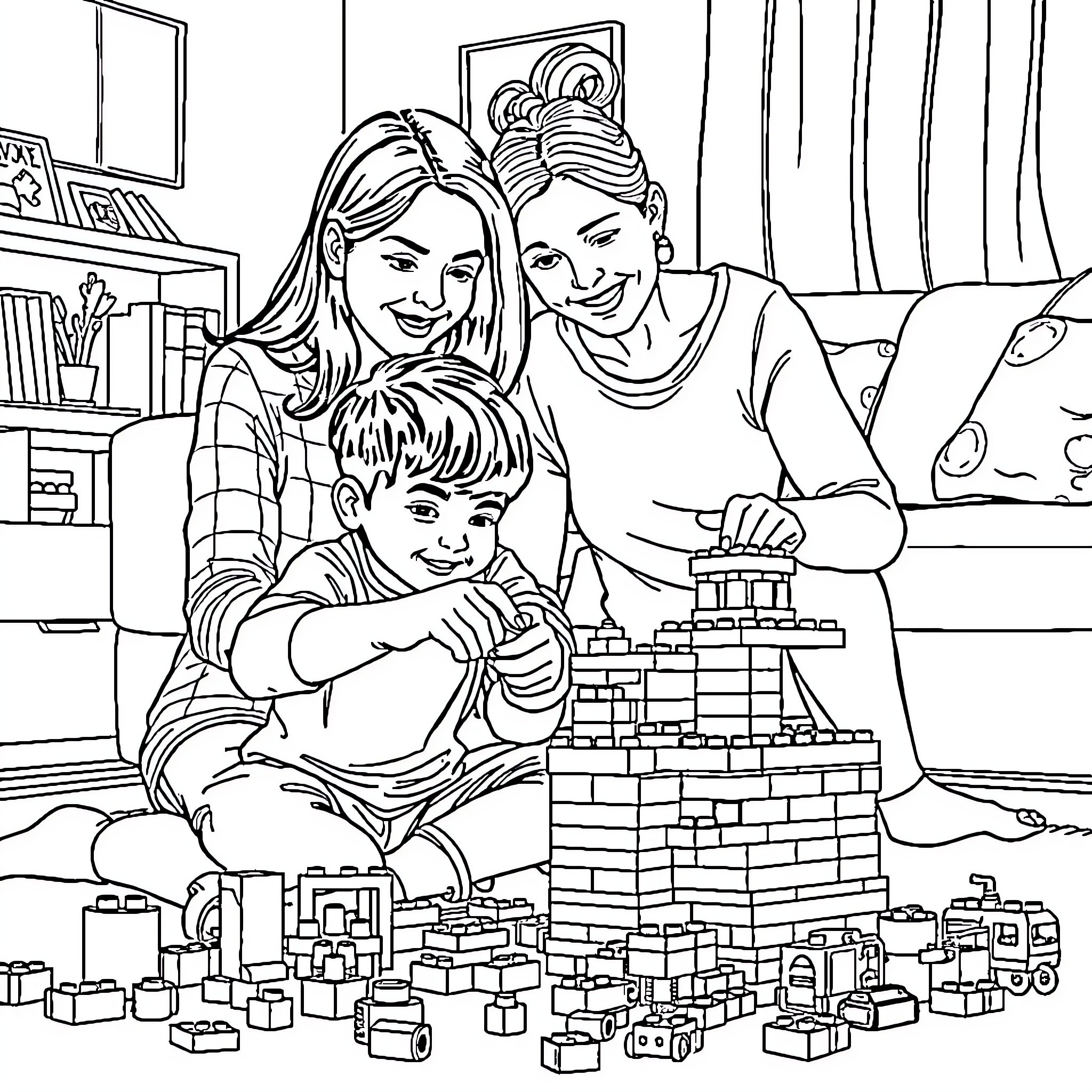 Boy builds a toy city with family Coloring Page (free black-and-white line drawing printable PDF for all, from beginners to advanced learners, including children, teens, adults, and seniors)
