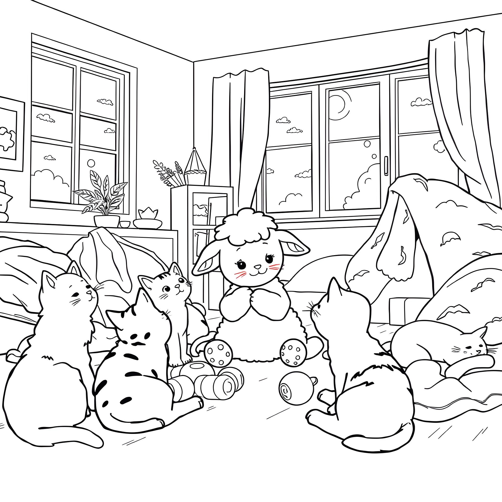 Lamb and Cats Playing in the Room Coloring Page (free black-and-white line drawing printable PDF for all, from beginners to advanced learners, including children, teens, adults, and seniors)