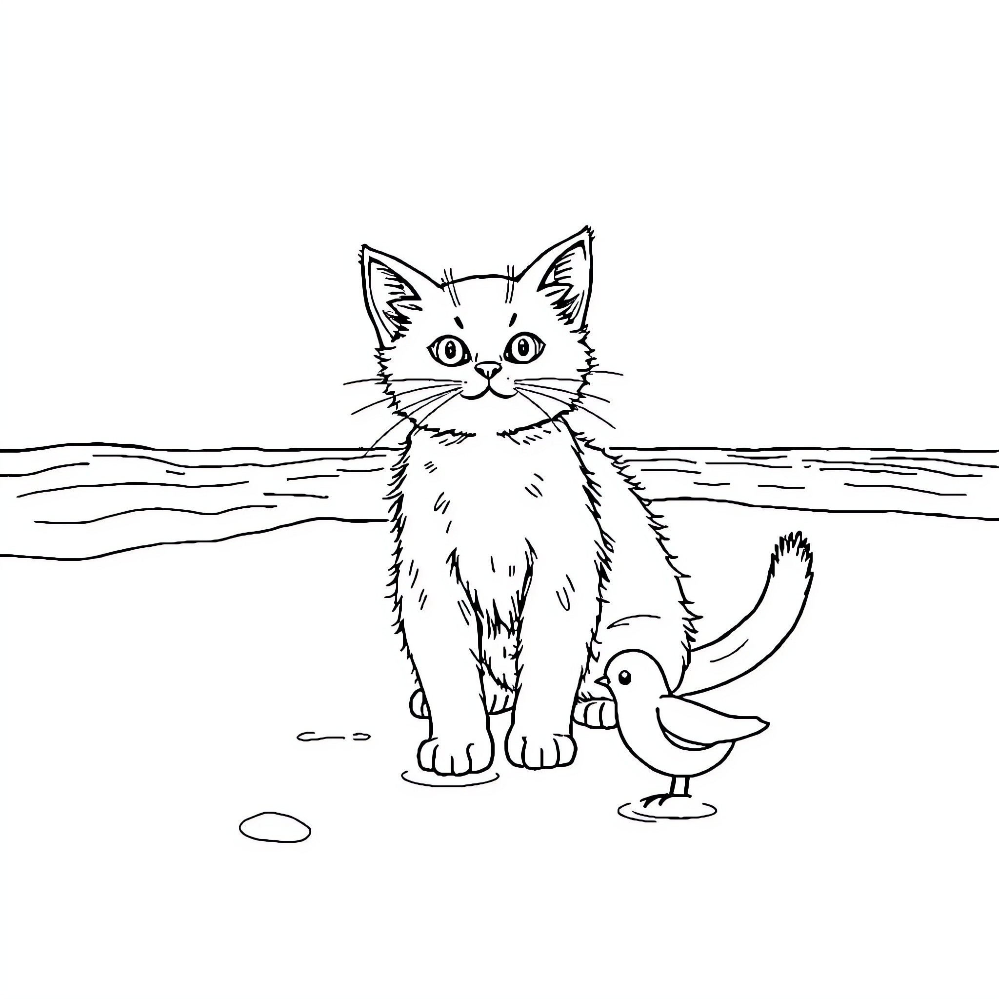 Cat with a curious chick by the pond Coloring Page (free black-and-white line drawing printable PDF for all, from beginners to advanced learners, including children, teens, adults, and seniors)