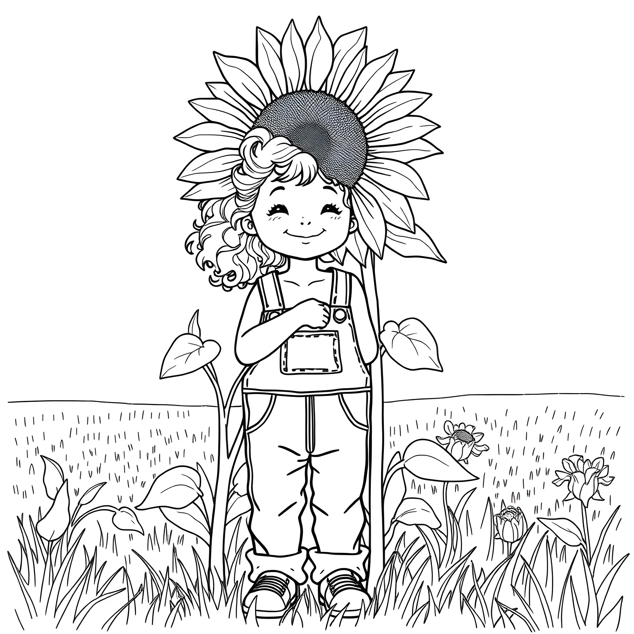 Girl exploring nature with sunflower hat Coloring Page (free black-and-white line drawing printable PDF for all, from beginners to advanced learners, including children, teens, adults, and seniors)