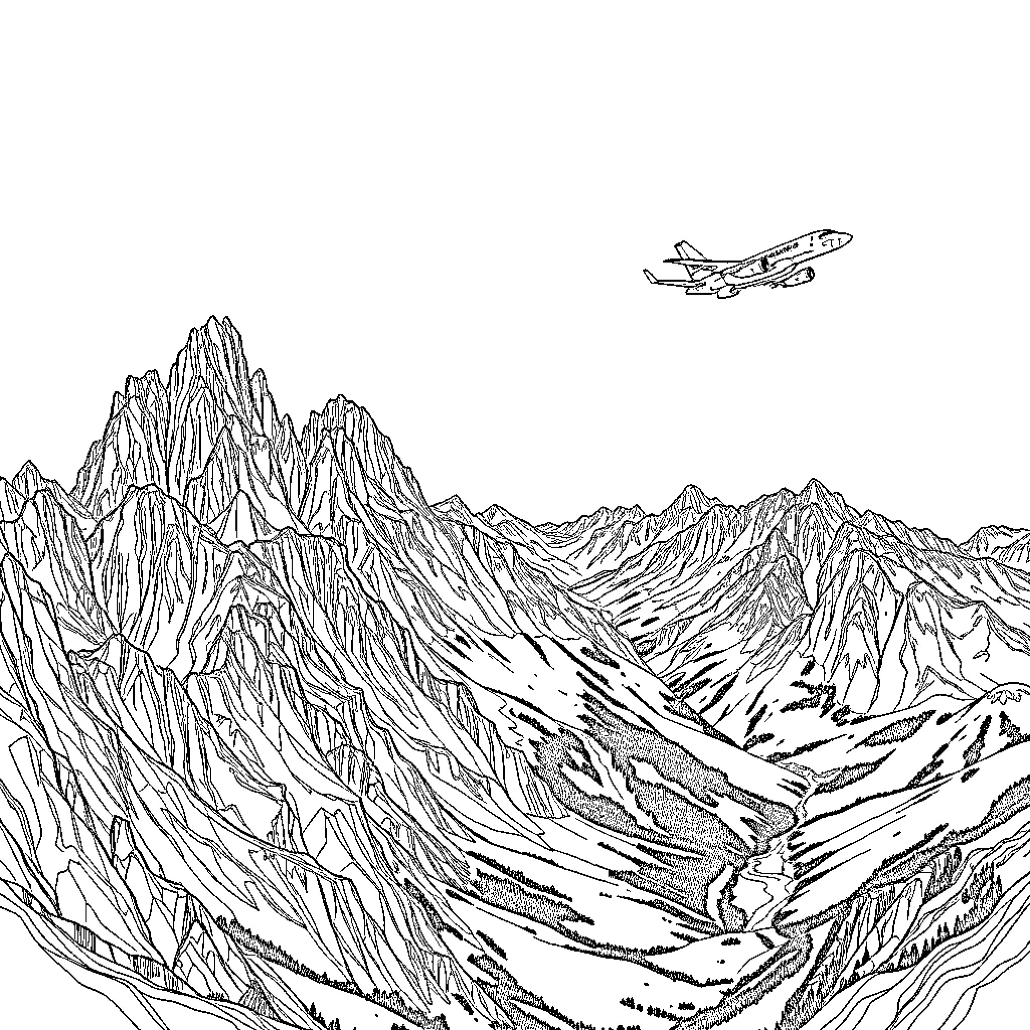 Jet soaring over rugged mountain peaks Coloring Page (free black-and-white line drawing printable PDF for all, from beginners to advanced learners, including children, teens, adults, and seniors)