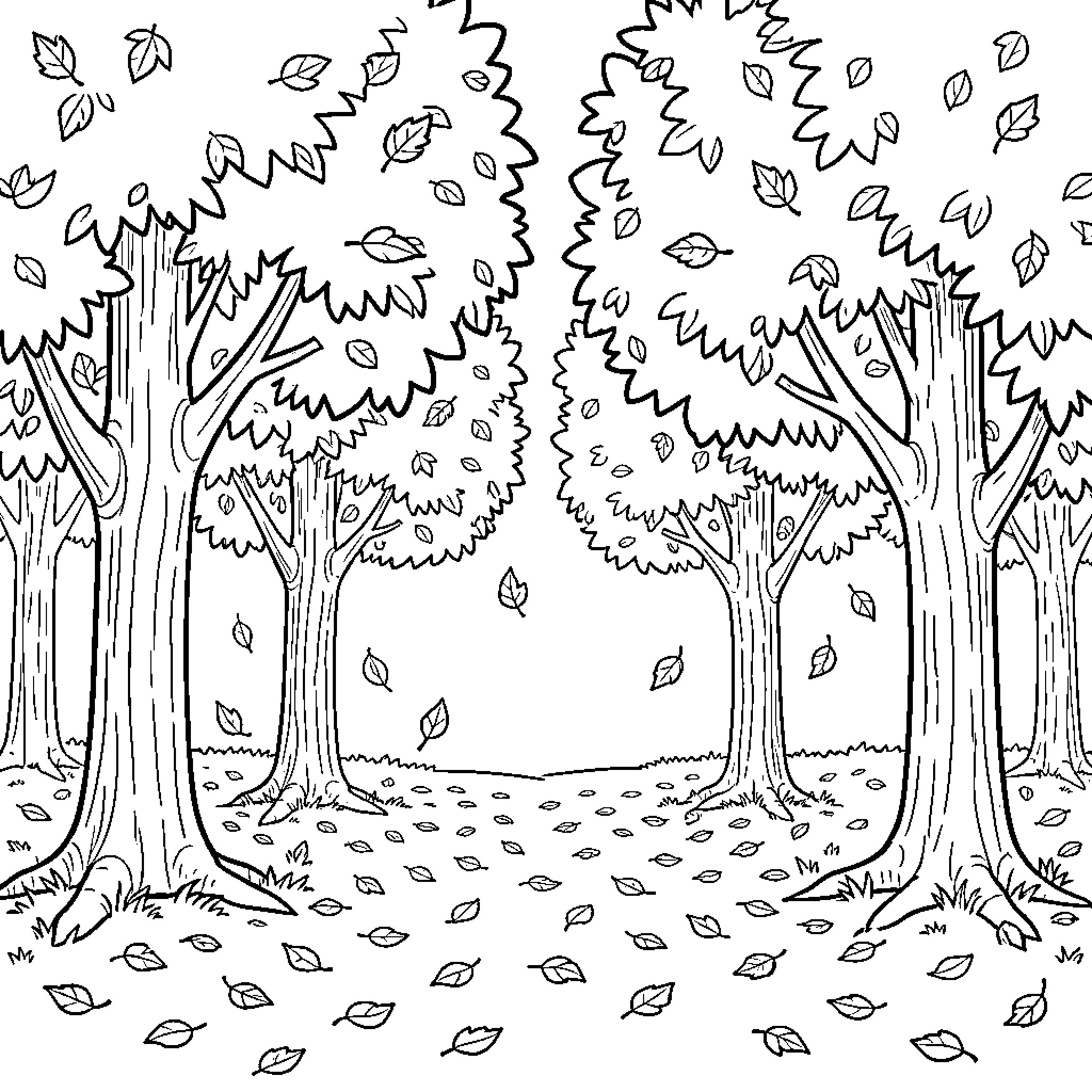 Tree forest with leaves falling on the ground Coloring Page (free black-and-white line drawing printable PDF for all, from beginners to advanced learners, including children, teens, adults, and seniors)