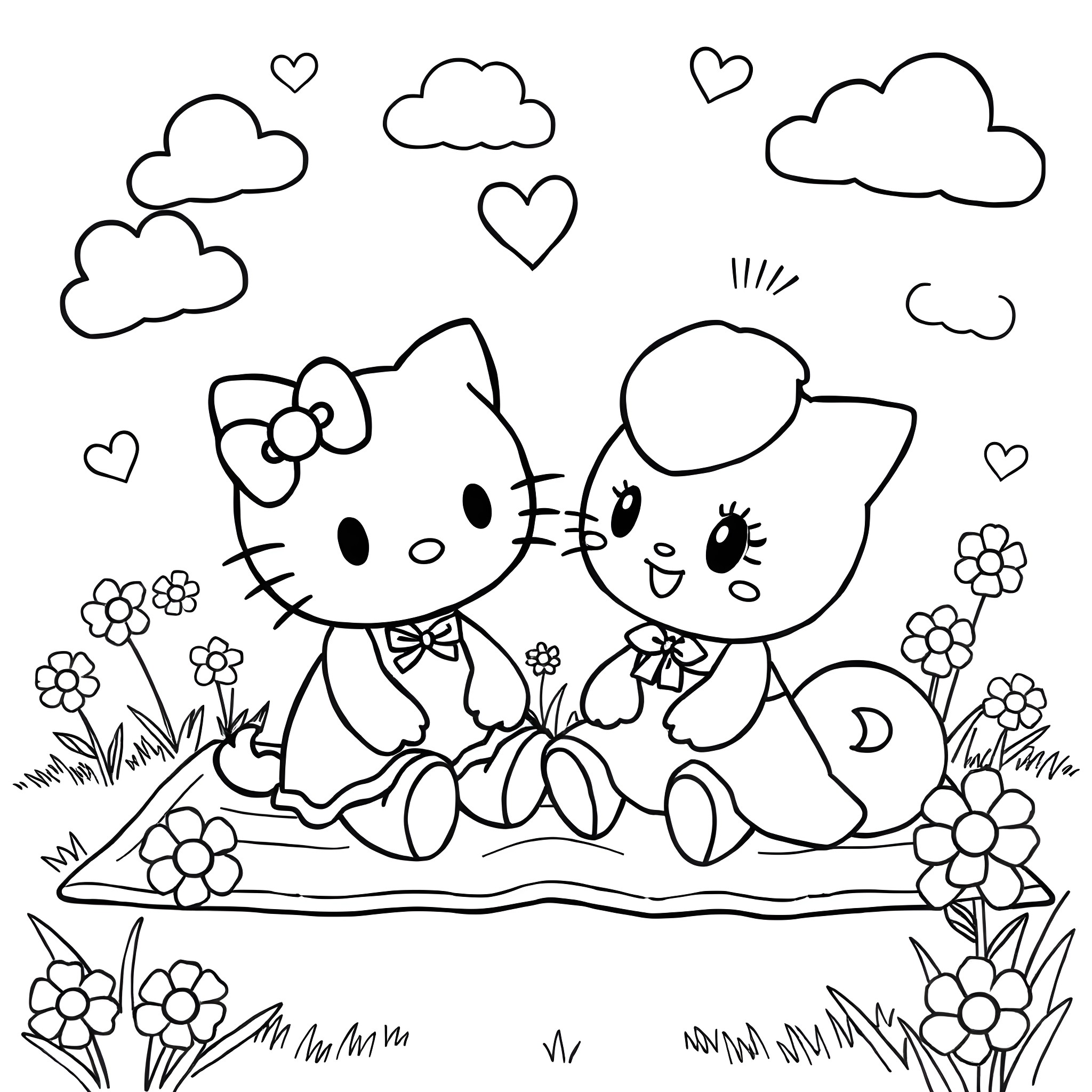 Hello Kitty and Friend Relaxing in Nature Coloring Page (free black-and-white line drawing printable PDF for all, from beginners to advanced learners, including children, teens, adults, and seniors)