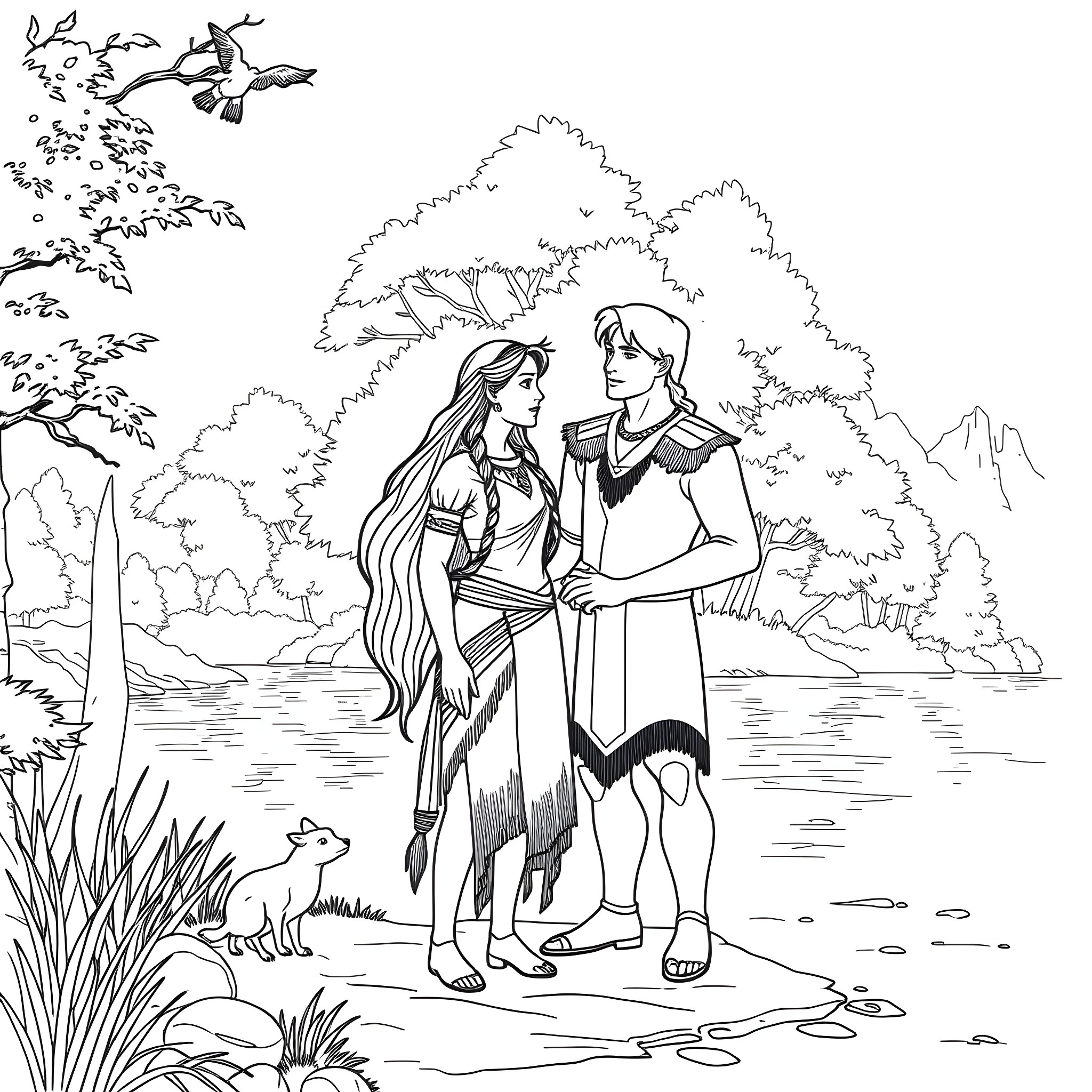 Pocahontas and John Smith in a scenic wilderness setting Coloring Page (free black-and-white line drawing printable PDF for all, from beginners to advanced learners, including children, teens, adults, and seniors)