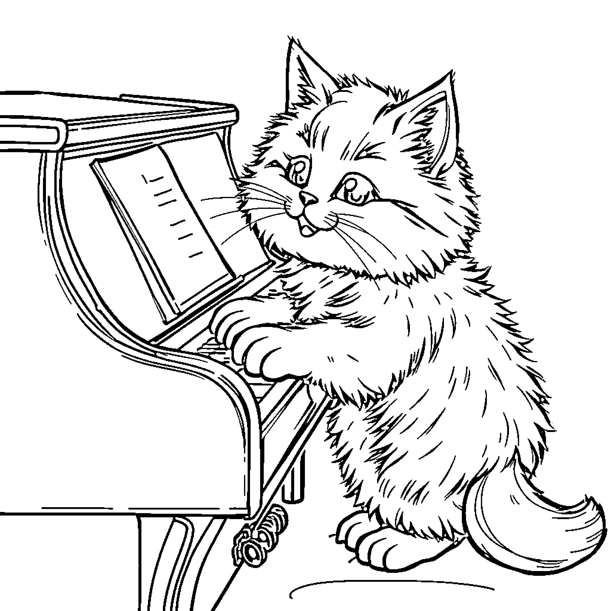 Cat playing joyfully on a piano Coloring Page (free black-and-white line drawing printable PDF for all, from beginners to advanced learners, including children, teens, adults, and seniors)