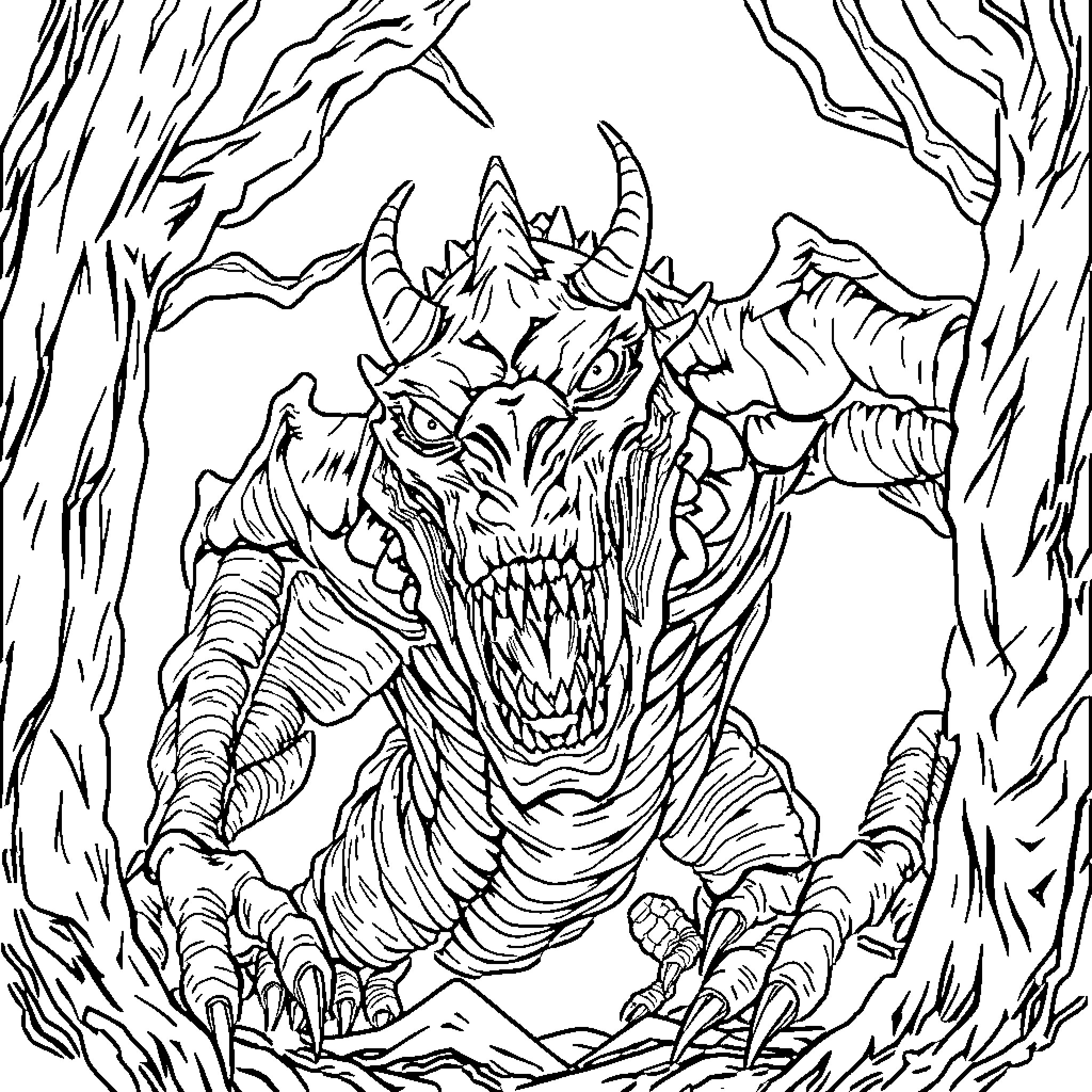 Demogorgon emerging from the dark forest Coloring Page (free black-and-white line drawing printable PDF for all, from beginners to advanced learners, including children, teens, adults, and seniors)