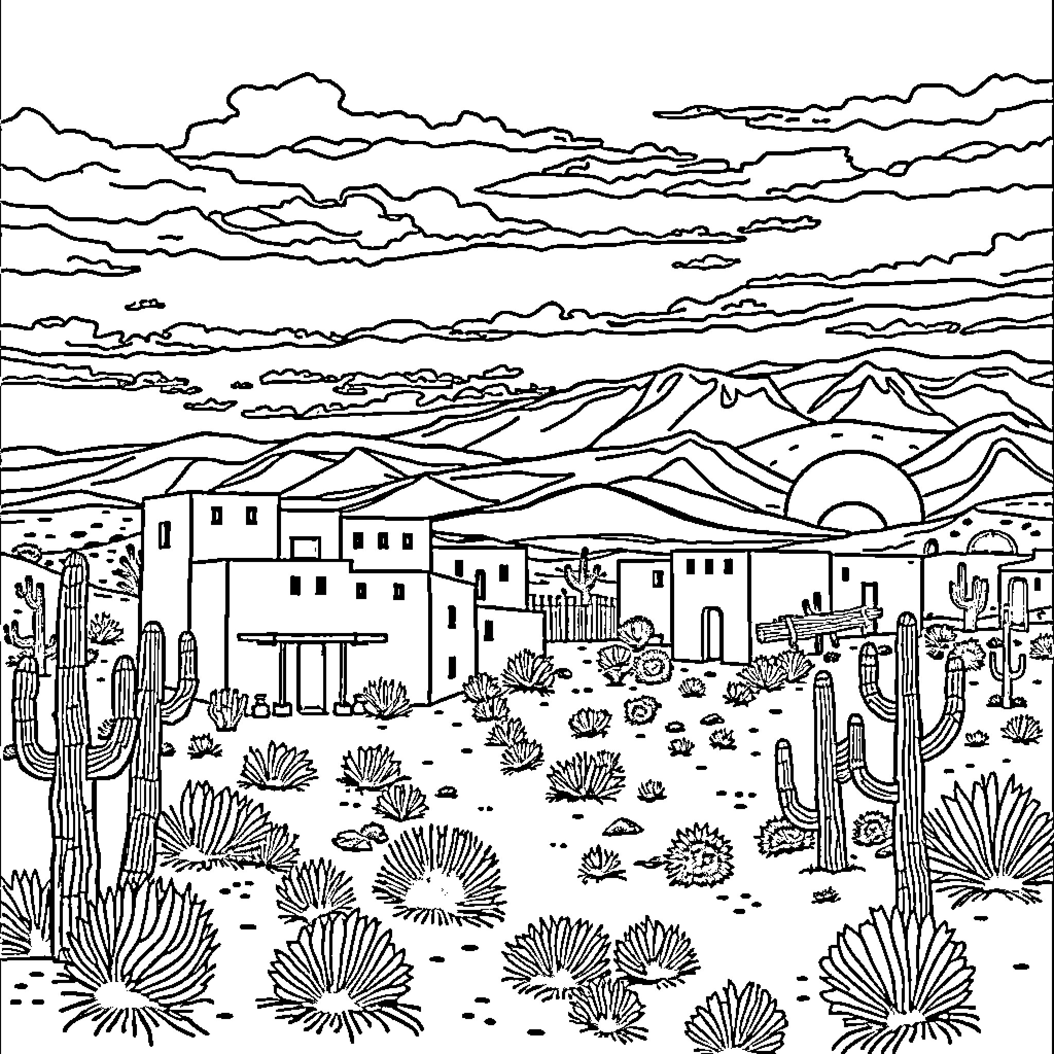 Element of Southwestern Landscape with Architectural Structures Coloring Page (free black-and-white line drawing printable PDF for all, from beginners to advanced learners, including children, teens, adults, and seniors)