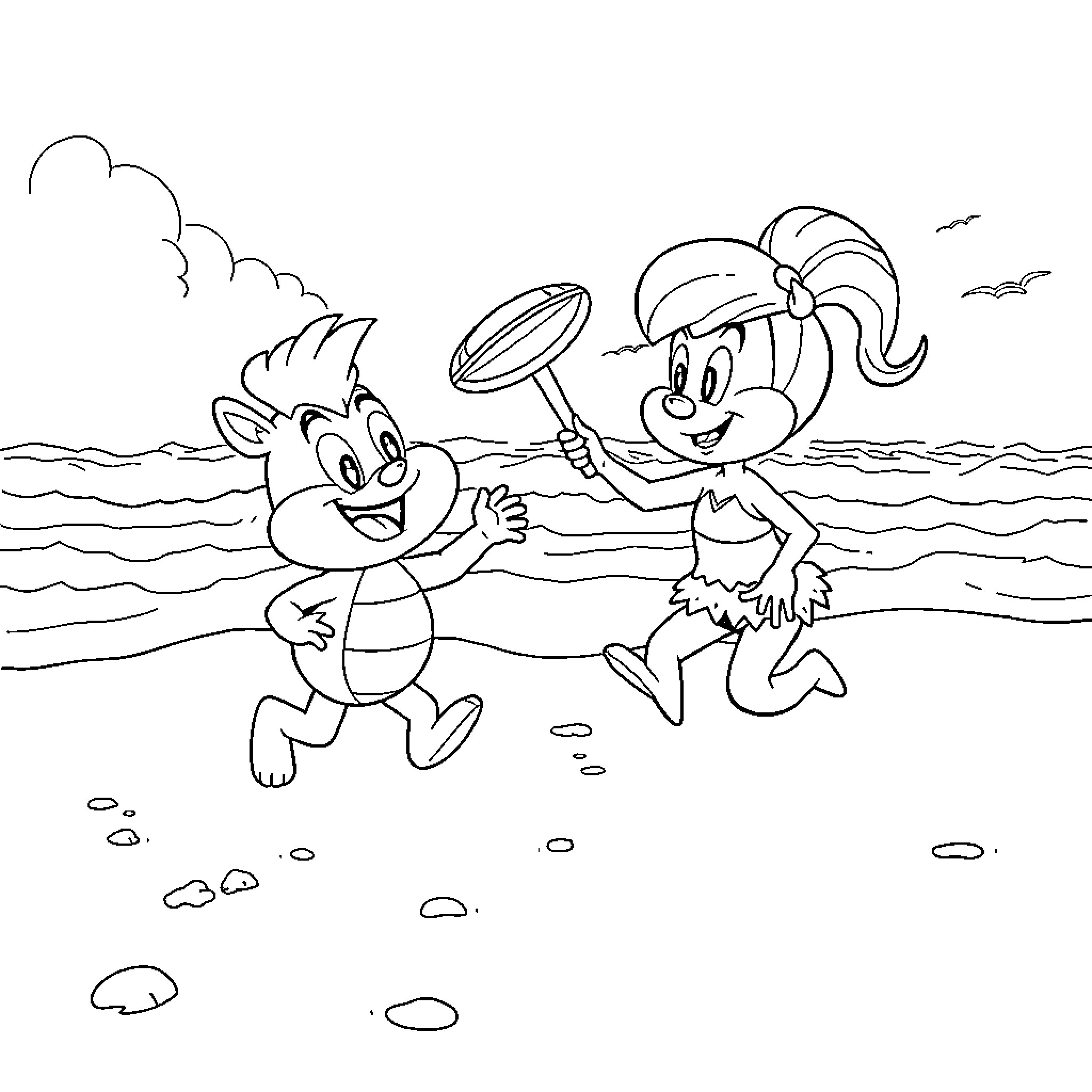 Koopaling characters running and playing on the beach Coloring Page (free black-and-white line drawing printable PDF for all, from beginners to advanced learners, including children, teens, adults, and seniors)
