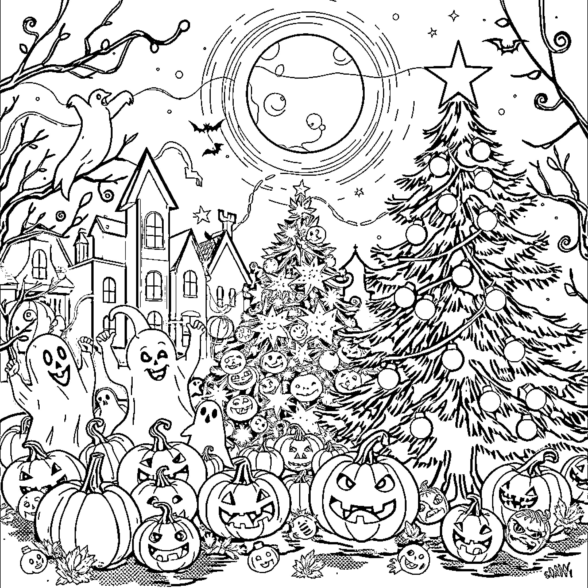 Holiday Scenes of Halloween and Christmas Festivities Coloring Page (free black-and-white line drawing printable PDF for all, from beginners to advanced learners, including children, teens, adults, and seniors)