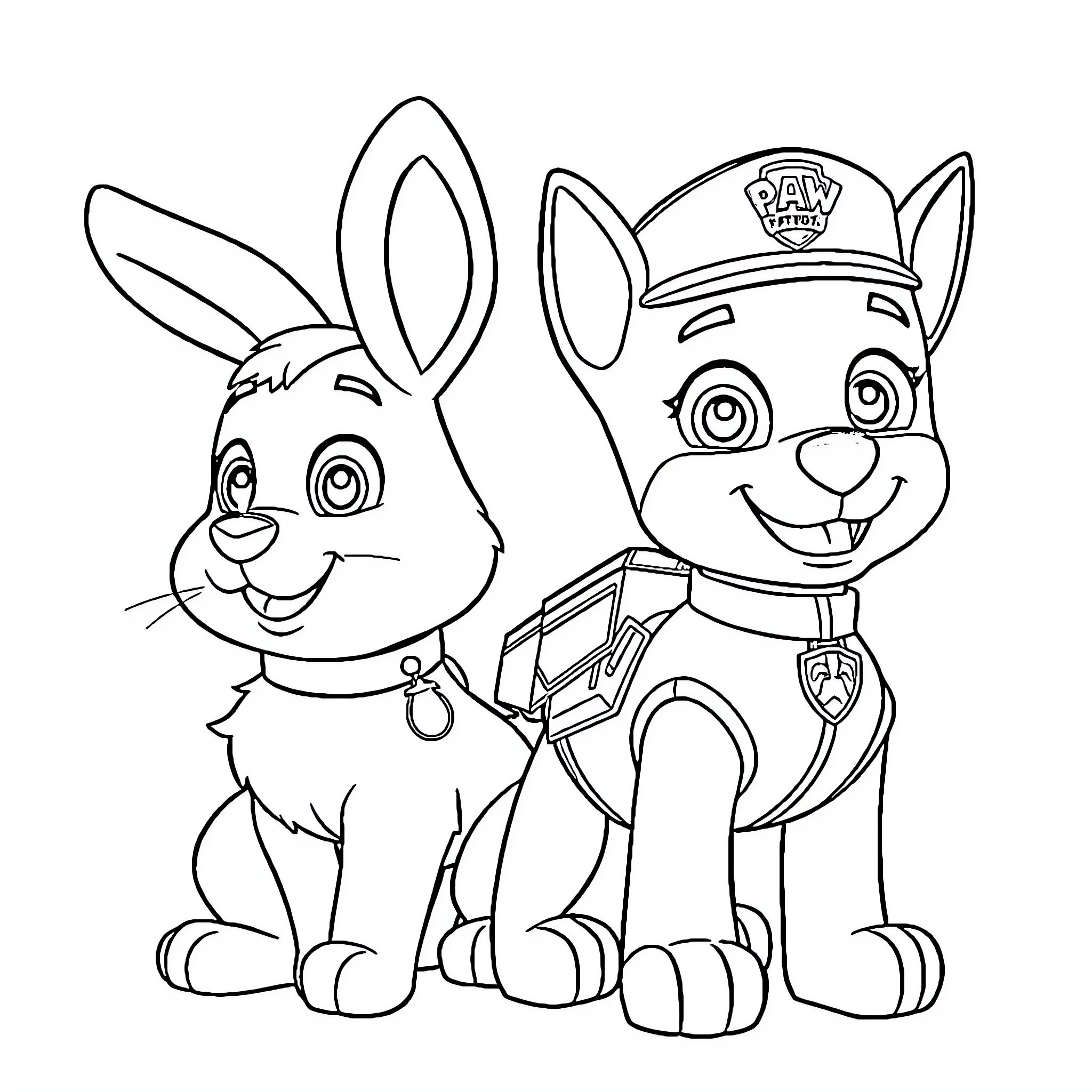 Chase the Paw Patrol Puppy and Rabbit's Adventure Coloring Page (free black-and-white line drawing printable PDF for all, from beginners to advanced learners, including children, teens, adults, and seniors)