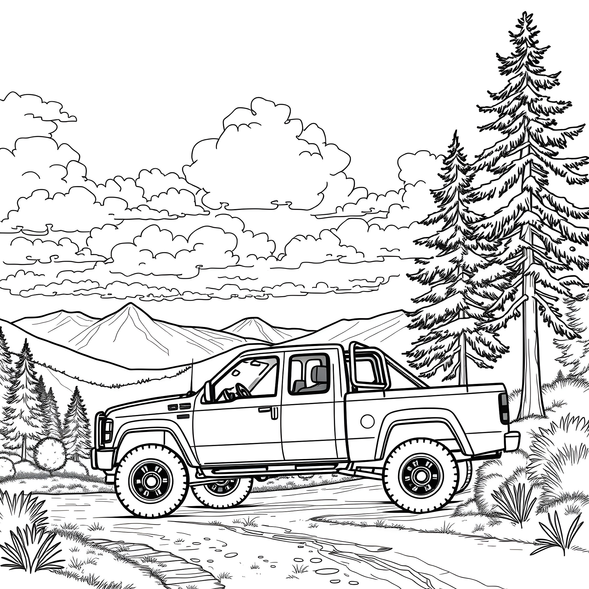 Pick Up Truck Driving Through Rugged Terrain Coloring Page (free black-and-white line drawing printable PDF for all, from beginners to advanced learners, including children, teens, adults, and seniors)