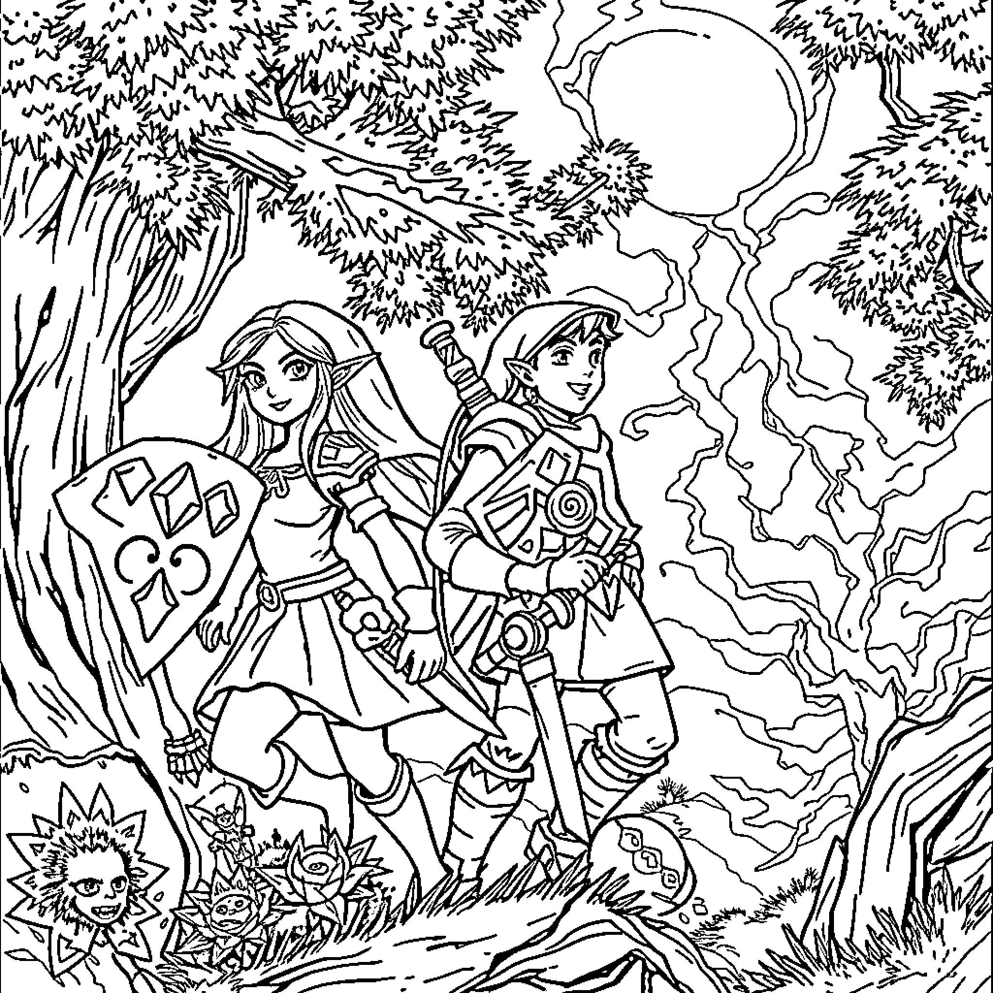 Zelda: Warriors in the Enchanted Forest Coloring Page (free black-and-white line drawing printable PDF for all, from beginners to advanced learners, including children, teens, adults, and seniors)