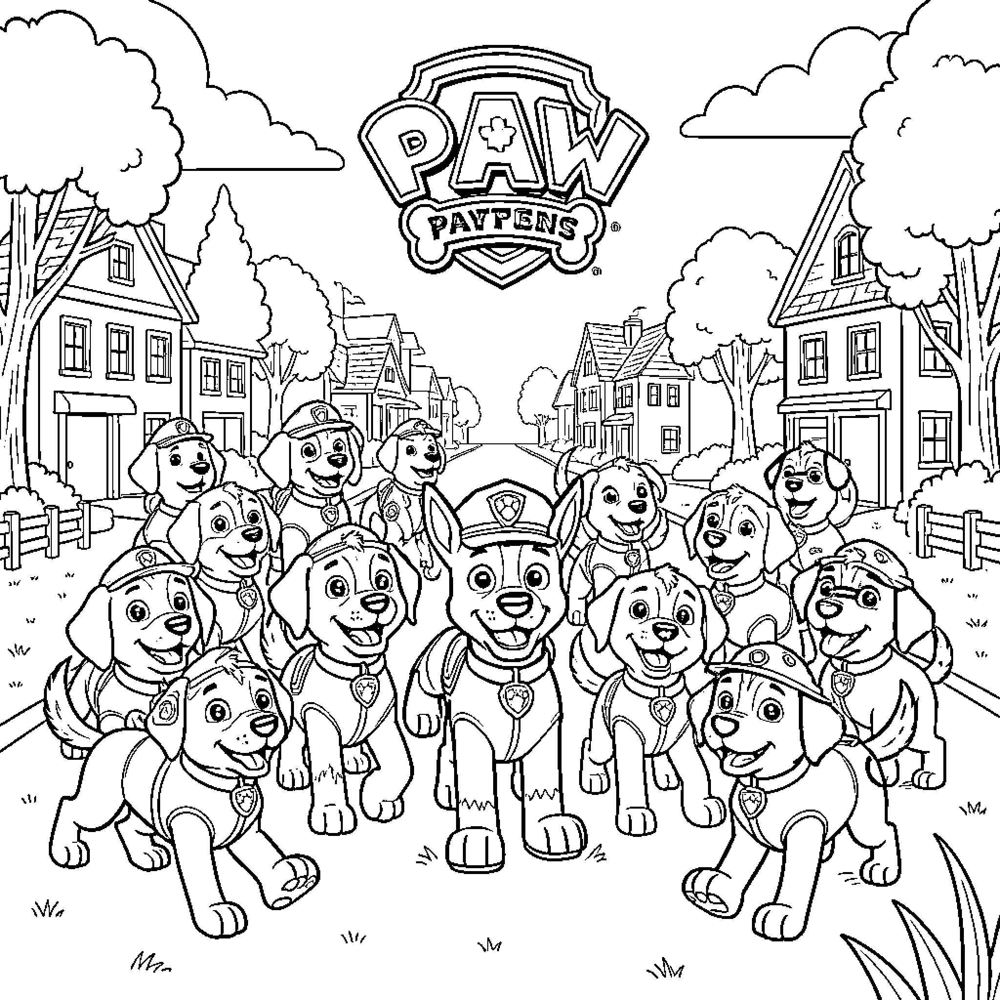 Paw Patrol pups smiling and posing together in town Coloring Page (free black-and-white line drawing printable PDF for all, from beginners to advanced learners, including children, teens, adults, and seniors)