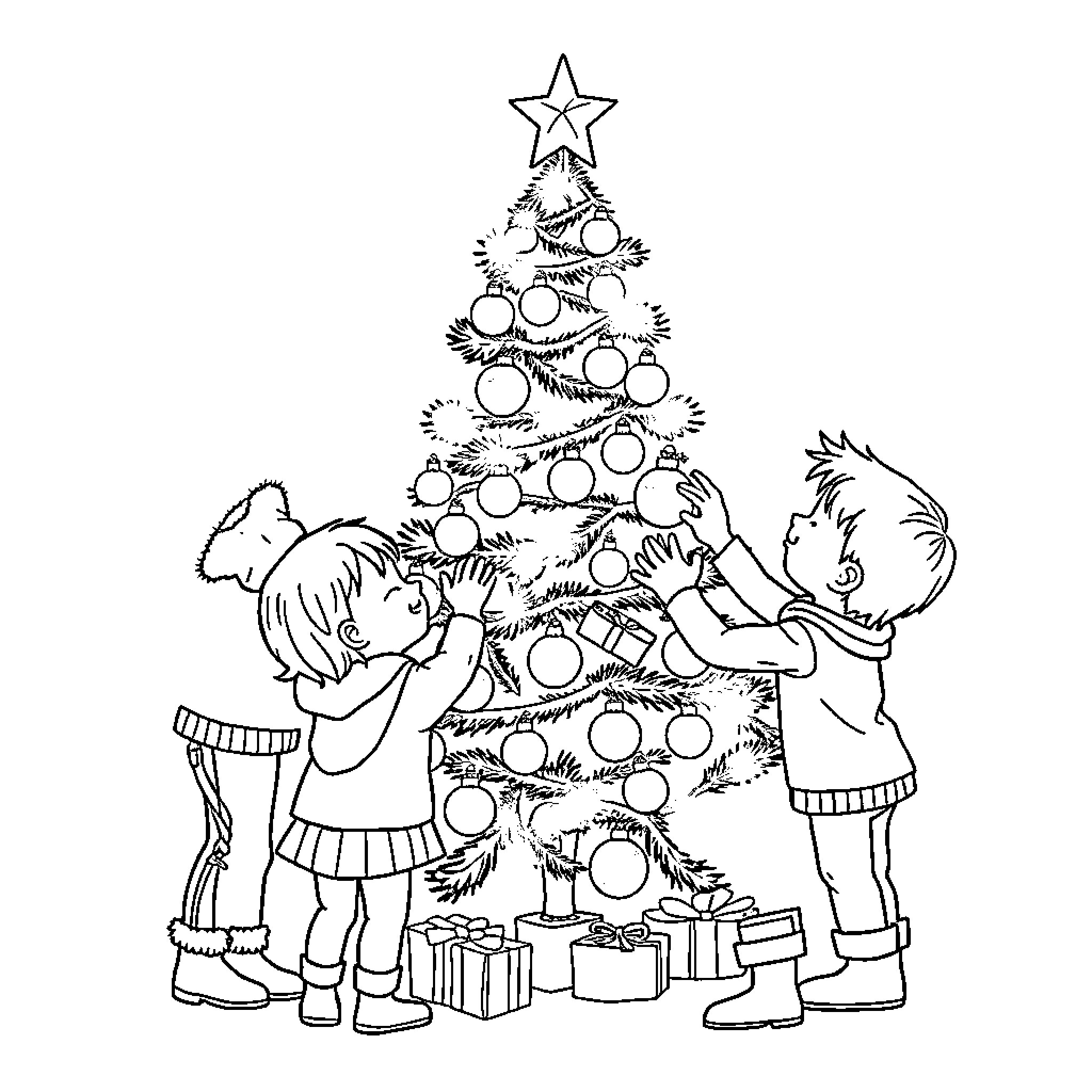Child decorating Christmas tree with friends Coloring Page (free black-and-white line drawing printable PDF for all, from beginners to advanced learners, including children, teens, adults, and seniors)