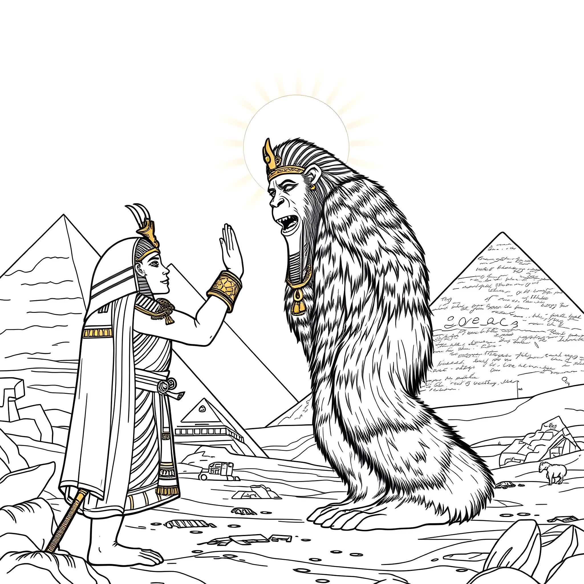 Pharaoh Confronting a Mythical Creature in Ancient Egyptian Landscape Coloring Page (free black-and-white line drawing printable PDF for all, from beginners to advanced learners, including children, teens, adults, and seniors)