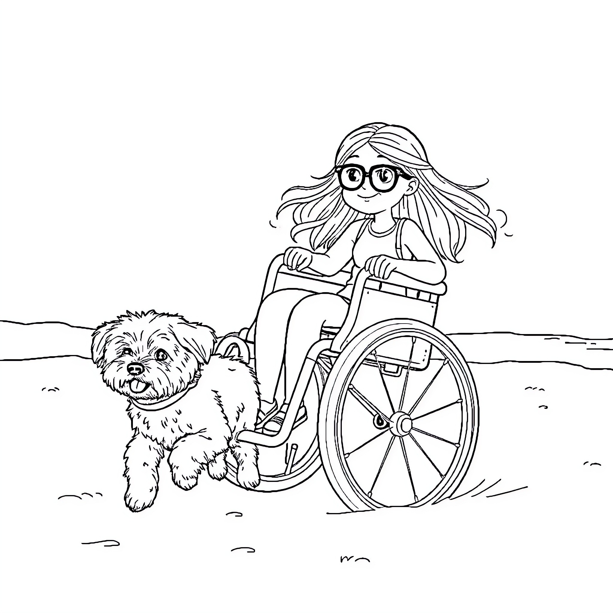 Shih Tzu accompanies girl in wheelchair on outdoor adventure Coloring Page (free black-and-white line drawing printable PDF for all, from beginners to advanced learners, including children, teens, adults, and seniors)