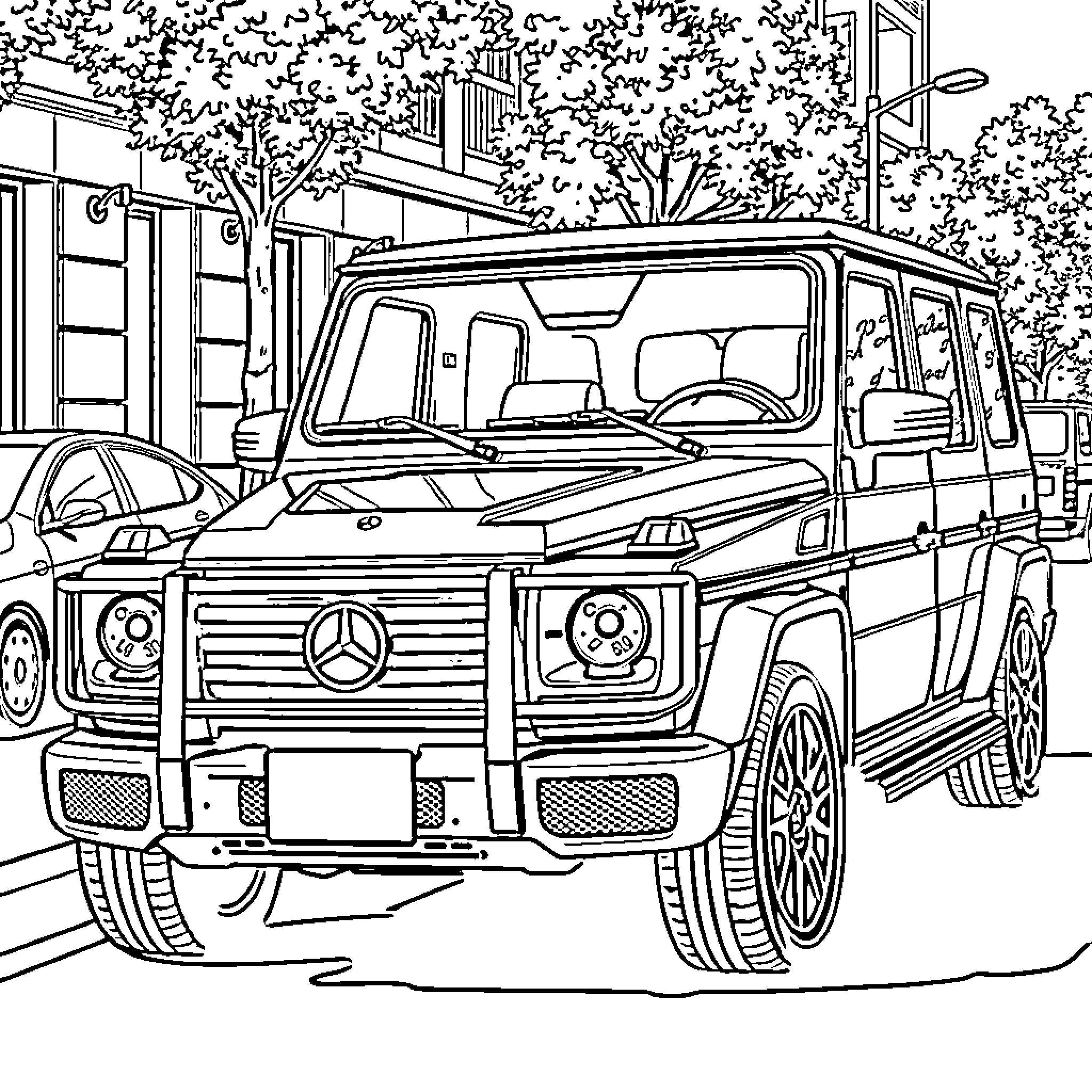 Mercedes luxury SUV parked on the street Coloring Page (free black-and-white line drawing printable PDF for all, from beginners to advanced learners, including children, teens, adults, and seniors)