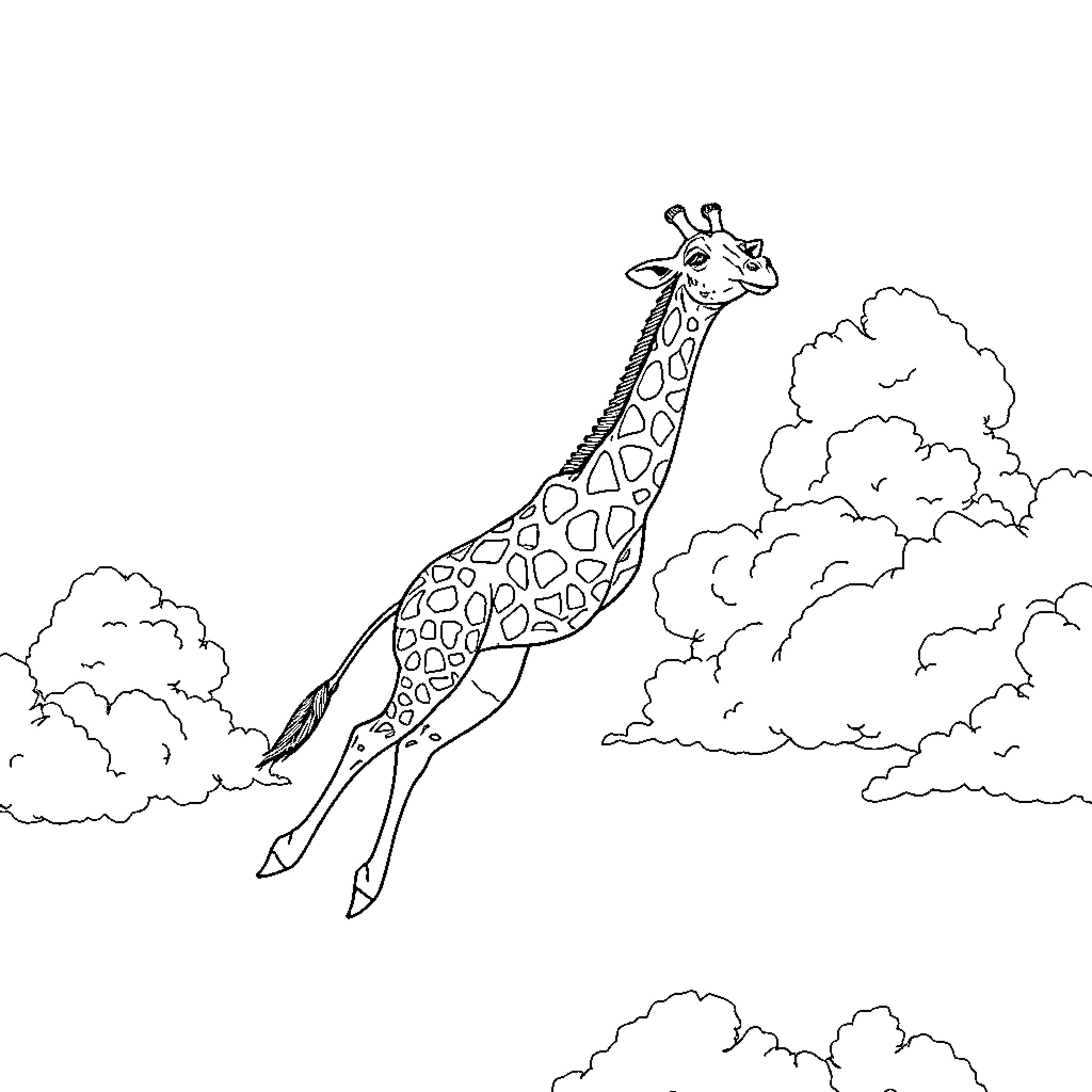 Giraffe leaping amongst the clouds Coloring Page (free black-and-white line drawing printable PDF for all, from beginners to advanced learners, including children, teens, adults, and seniors)