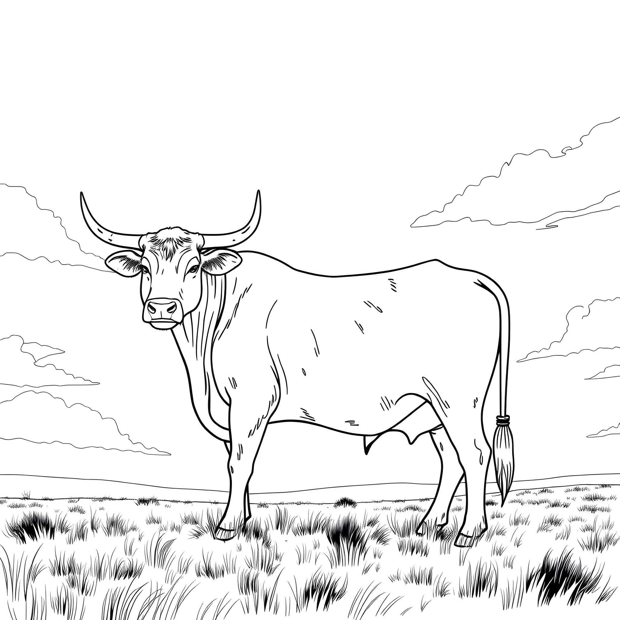 Ox standing proudly in the field Coloring Page (free black-and-white line drawing printable PDF for all, from beginners to advanced learners, including children, teens, adults, and seniors)